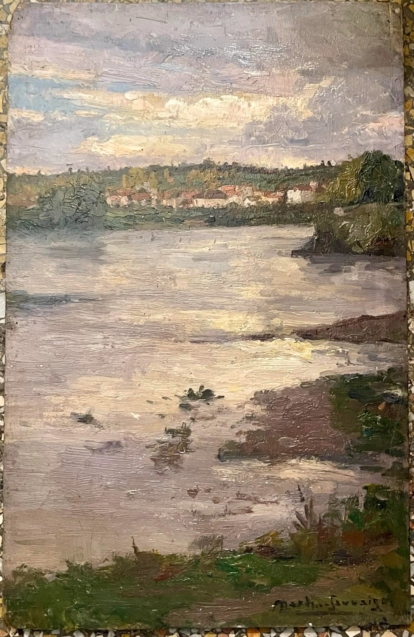 Oil on Panel "Village by the River" Signed Martin-Saauvaigo Dated 1939 France - 11