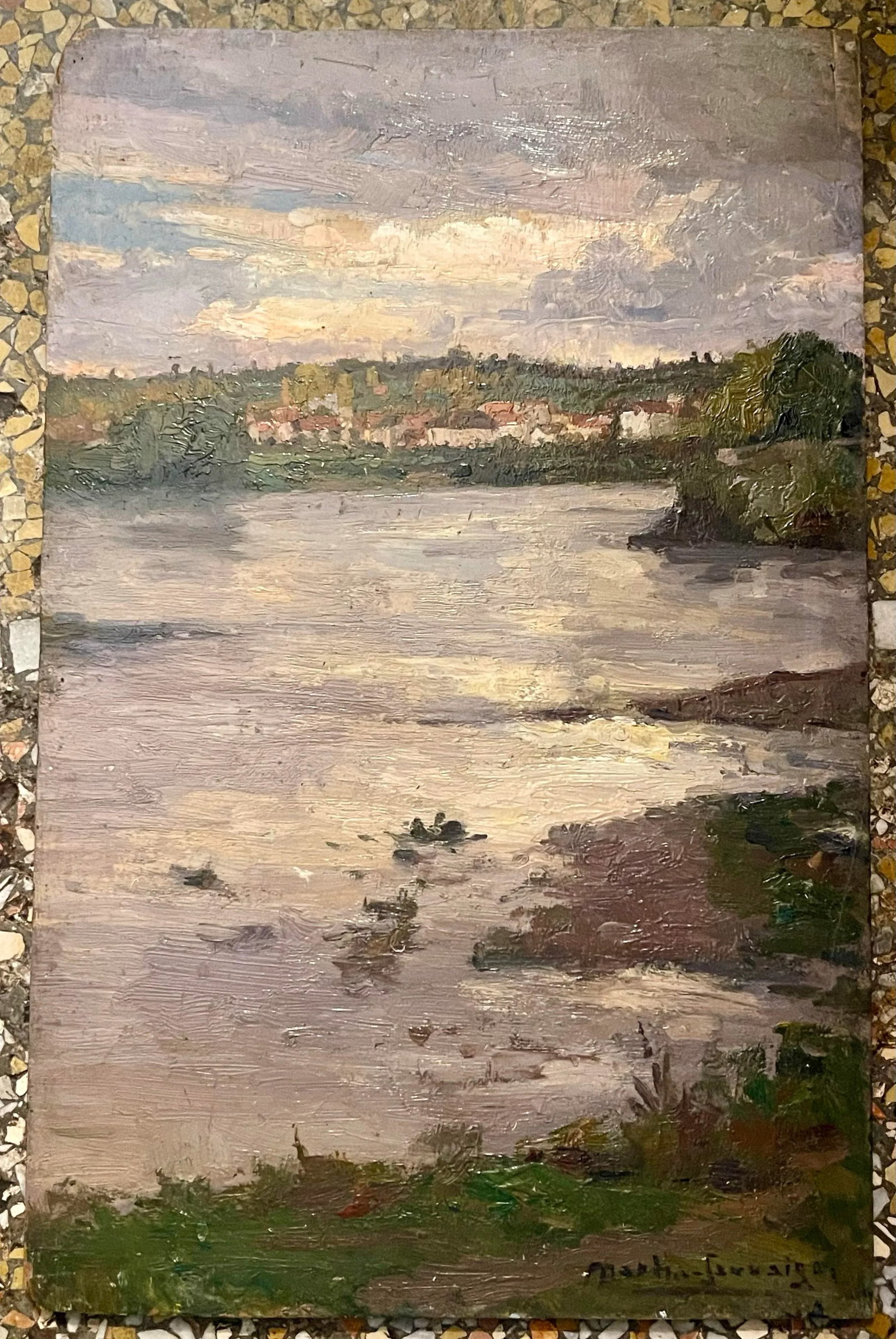 Oil on Panel "Village by the River" Signed Martin-Saauvaigo Dated 1939 France - 2