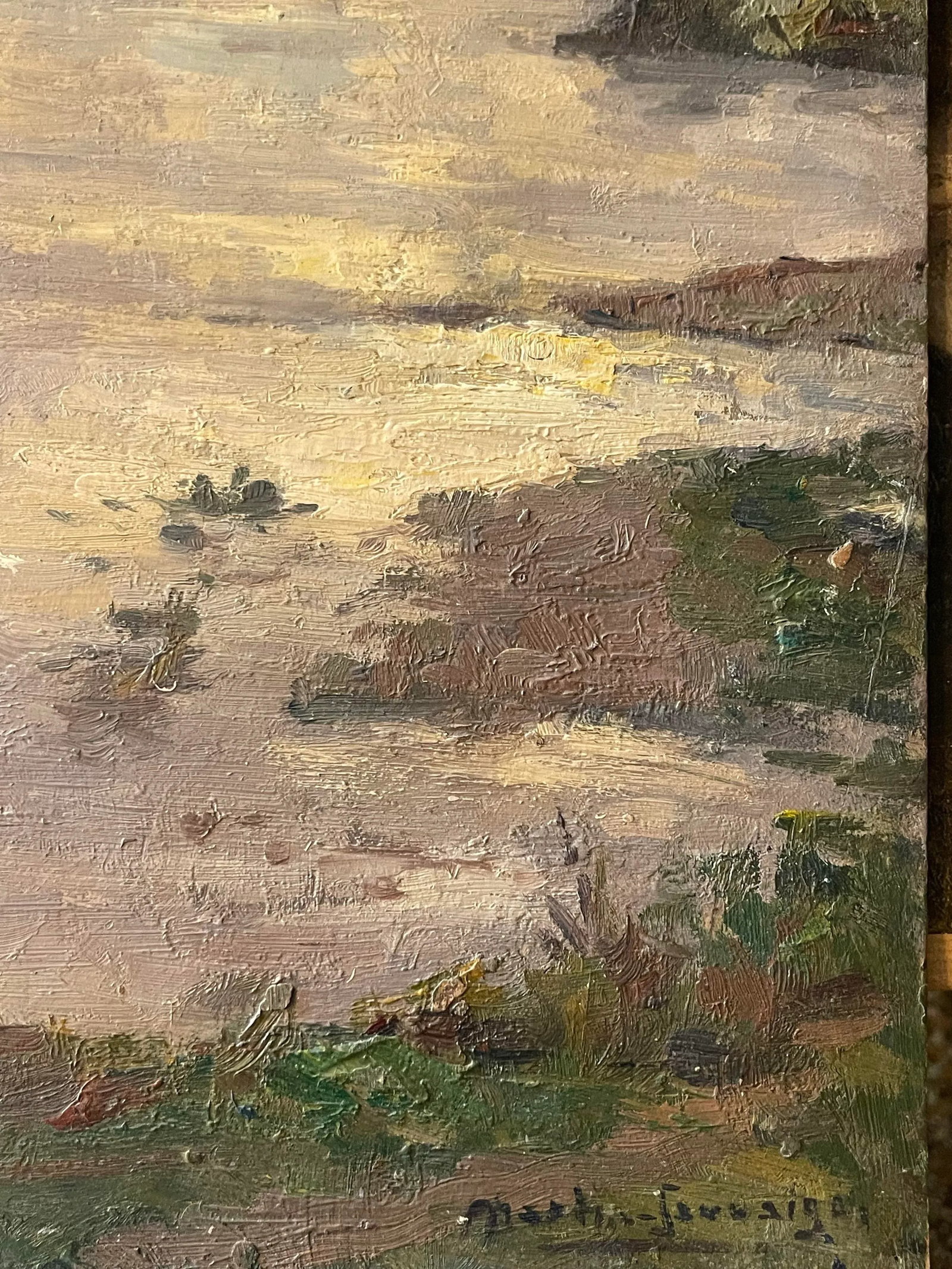 Oil on Panel "Village by the River" Signed Martin-Saauvaigo Dated 1939 France - 4