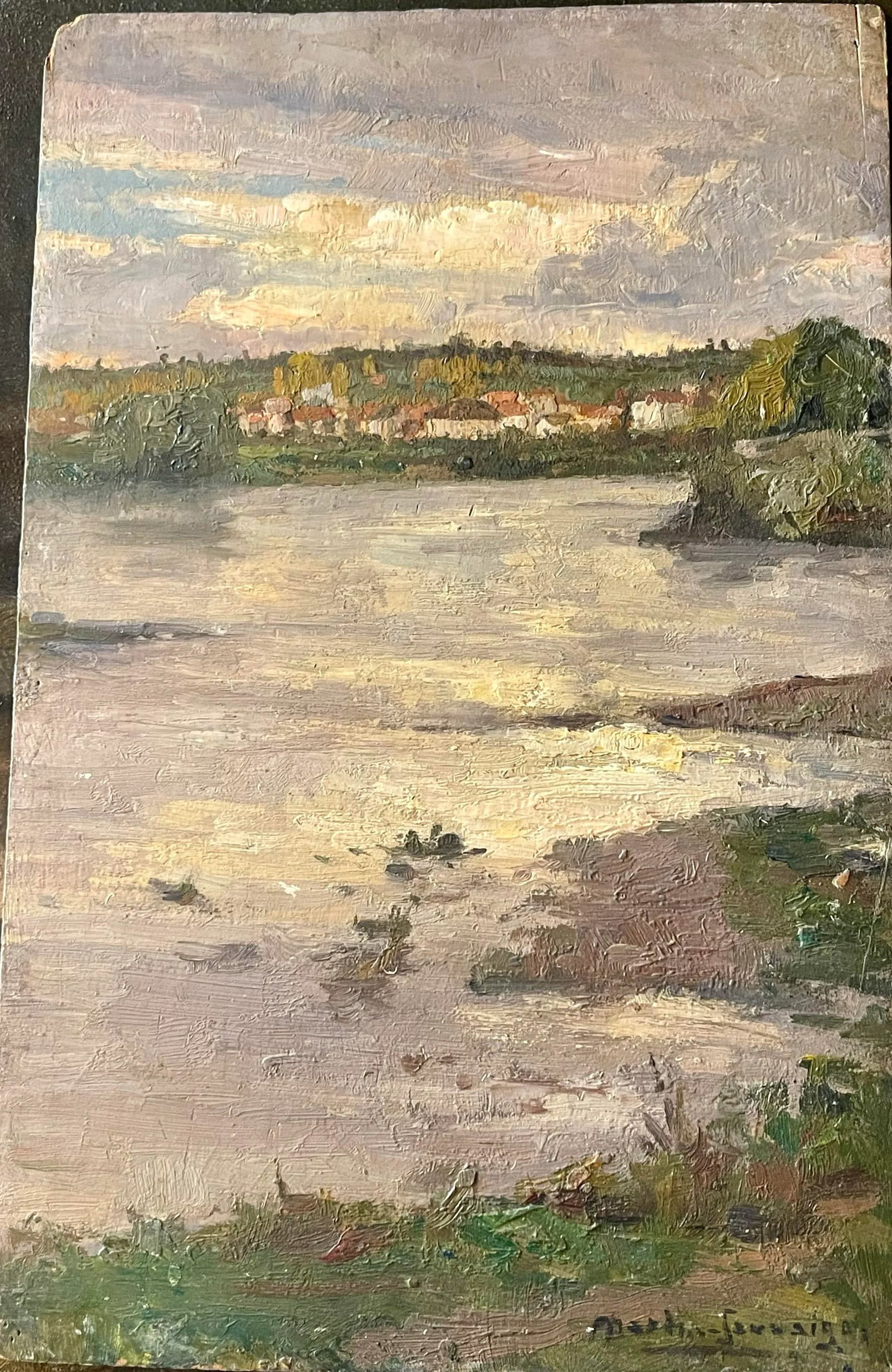 Oil on Panel "Village by the River" Signed Martin-Saauvaigo Dated 1939 France - 6