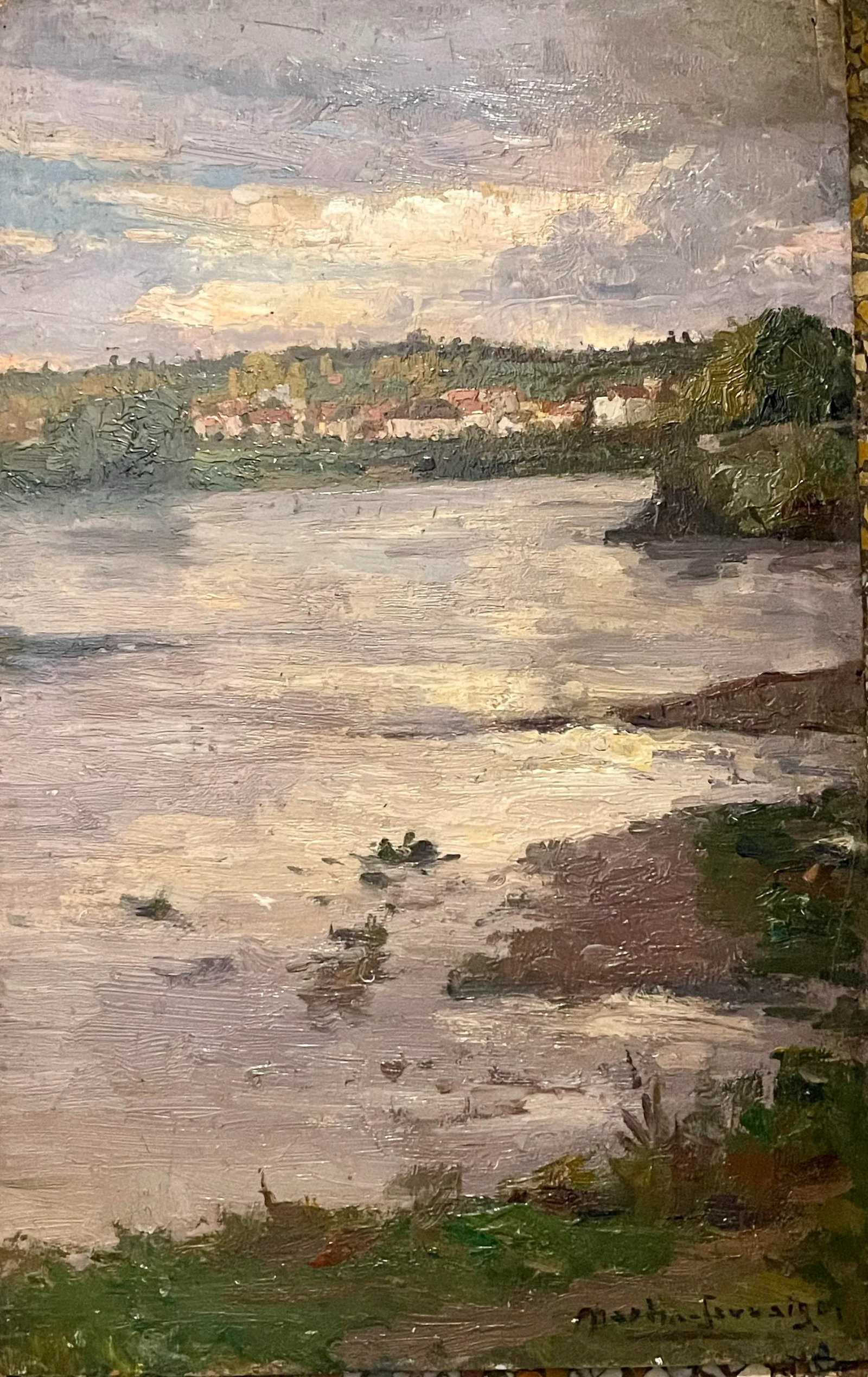 Oil on Panel "Village by the River" Signed Martin-Saauvaigo Dated 1939 France - 9