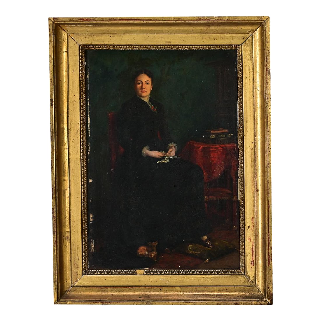 French 19th Century Portrait by Nils Forsberg in Gilded Frame: An arresting circa 1880 oil on panel portrait that honors a lady who is clearly of means and status, as she sits for the artist with a small chihuahua by her feet. Her face-smooth with an unflinching