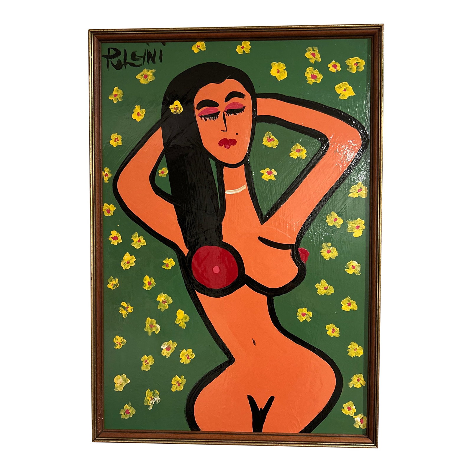 Thomas Pulgini Original Oil Painting, Framed: Bright and colorful original oil painting by Thomas Pulgini, lovely lady on a patterned floral background. Pulgini (b. 1965) is a popular self-taught Philadelphia-area Mid-Century Modern Pop Artist wh