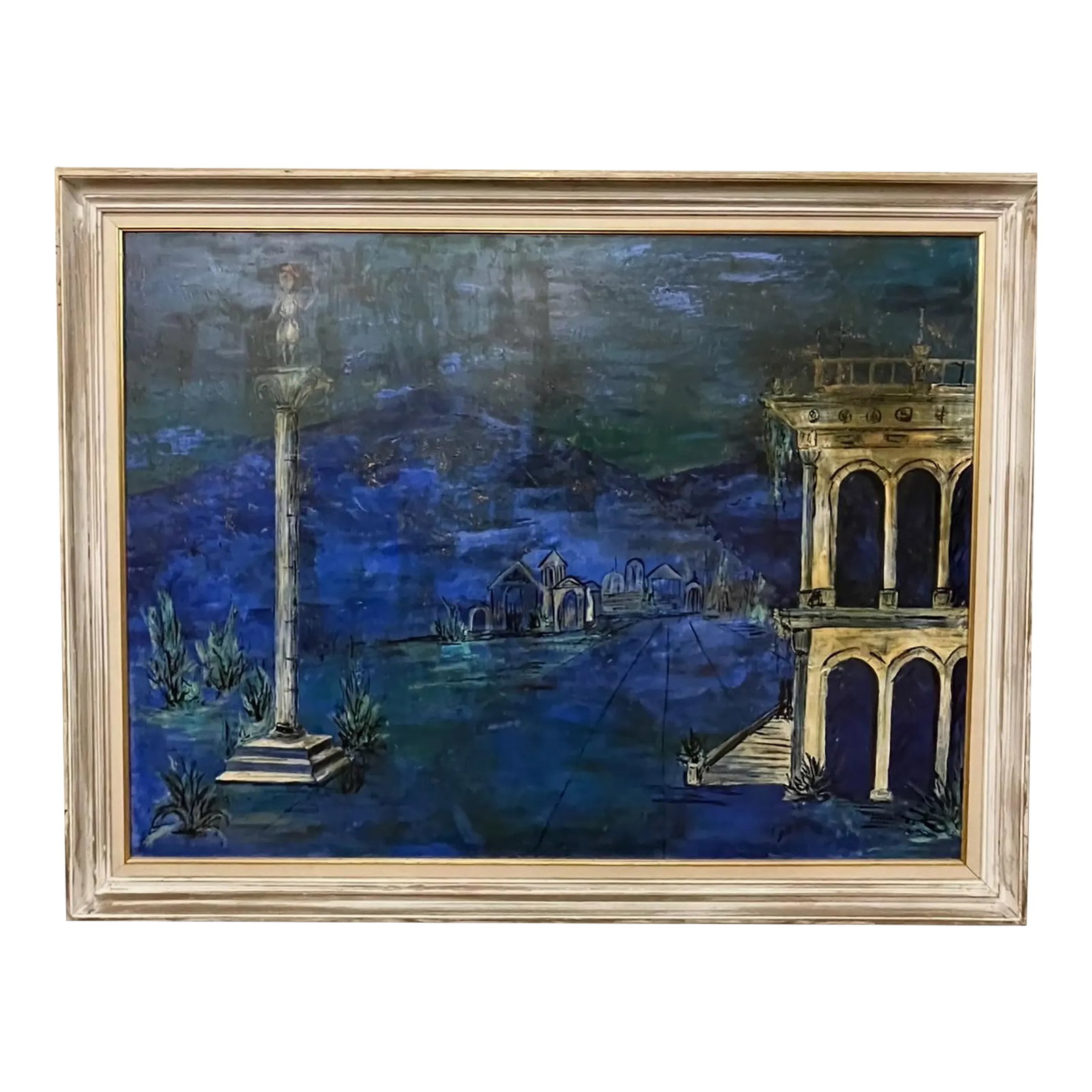 Mid 20th Century Surreal Blue Landscape With Classical Architecture, Framed: Moody and dreamlike painting featuring ancient Roman-style columns and ruins against a vivid blue and green-toned background. With its haunting atmosphere and abstracted depth, this piece evokes a mys