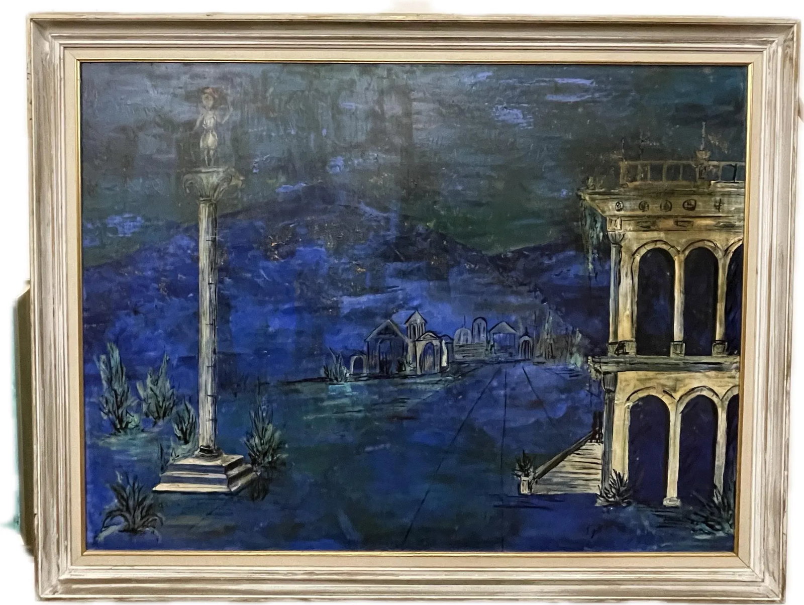 Mid 20th Century Surreal Blue Landscape With Classical Architecture, Framed - 2