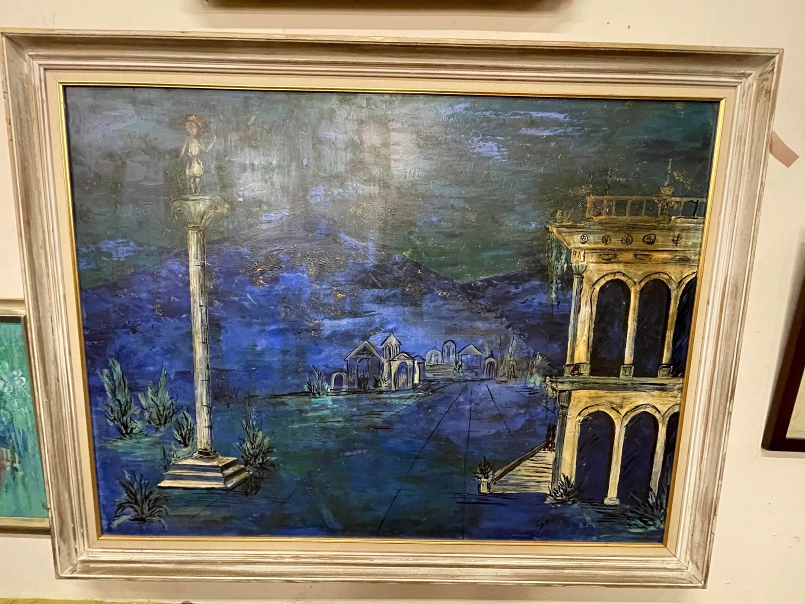 Mid 20th Century Surreal Blue Landscape With Classical Architecture, Framed - 3