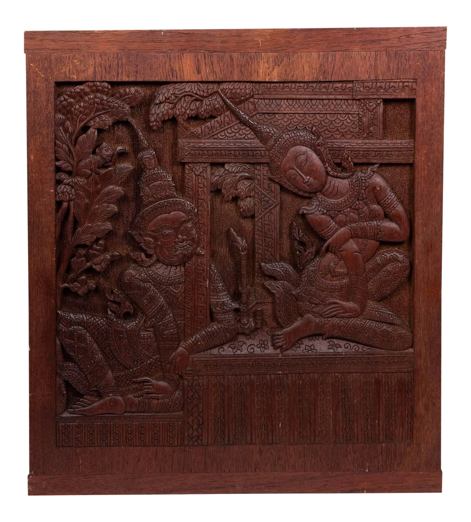 Thai Siamese Carved Teak Wood Panel of Temple Goddess: Old Siamese hand-carved teak panel of a temple goddess and her consort, with ornately embellished.design all around, as pictured. Condition: Alterations: Original Condition Unaltered Imperfections:
