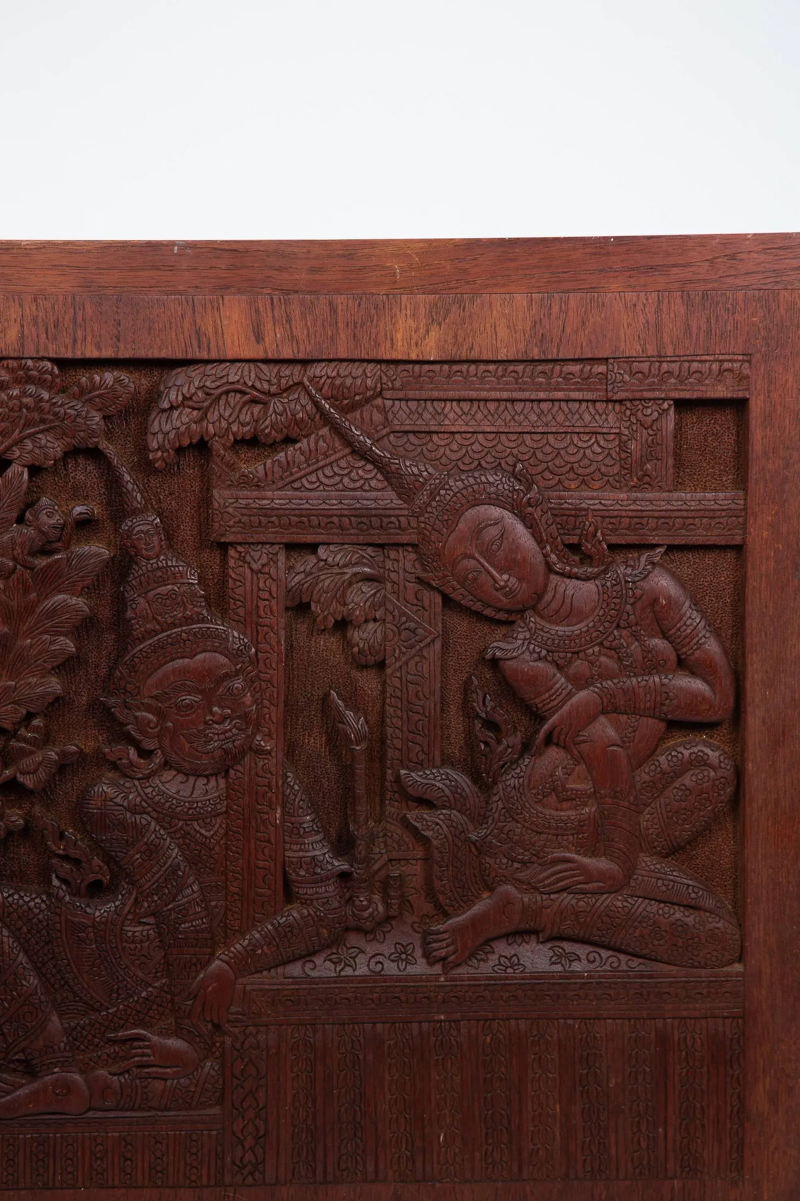 Thai Siamese Carved Teak Wood Panel of Temple Goddess - 2