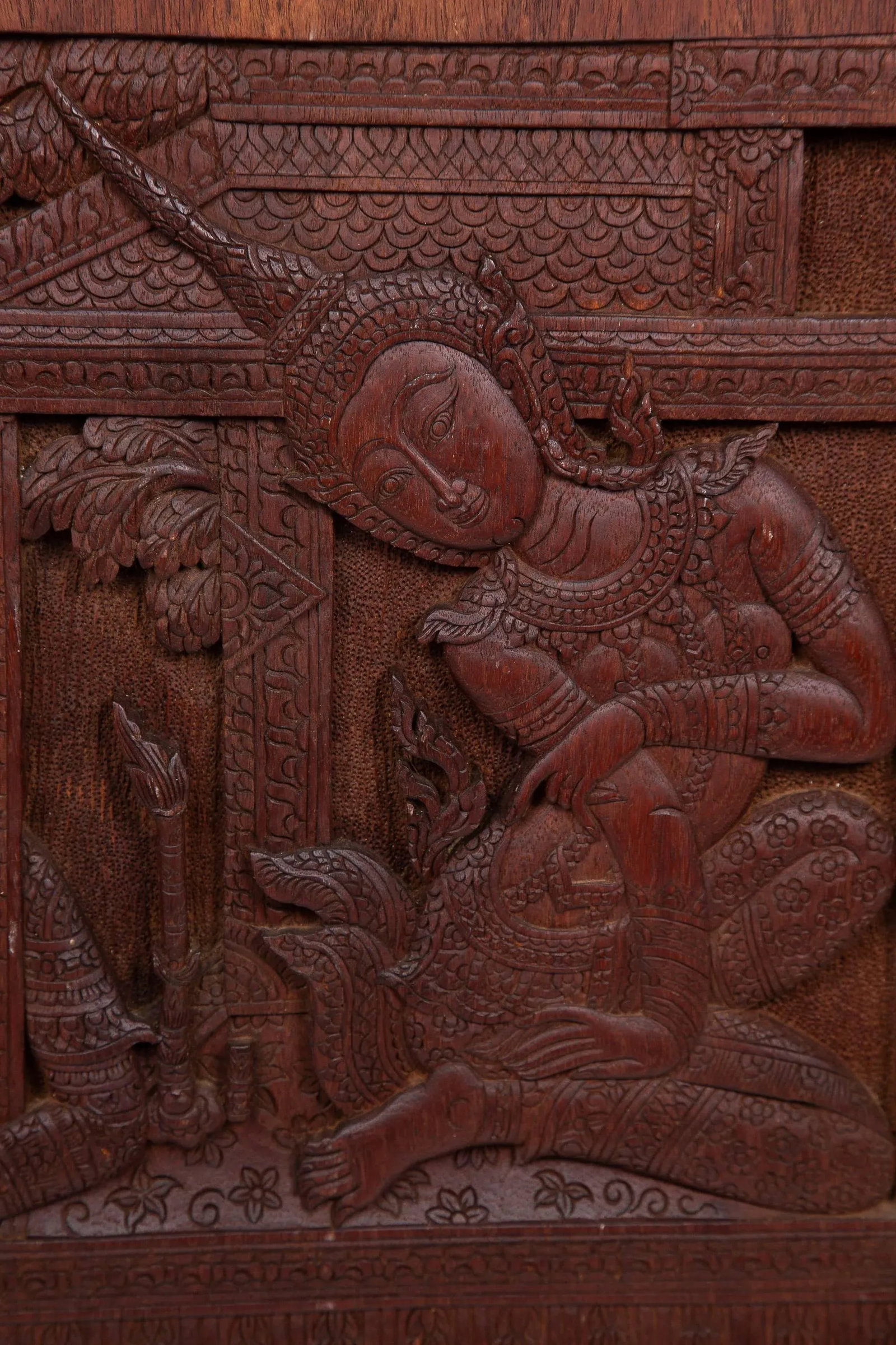 Thai Siamese Carved Teak Wood Panel of Temple Goddess - 5