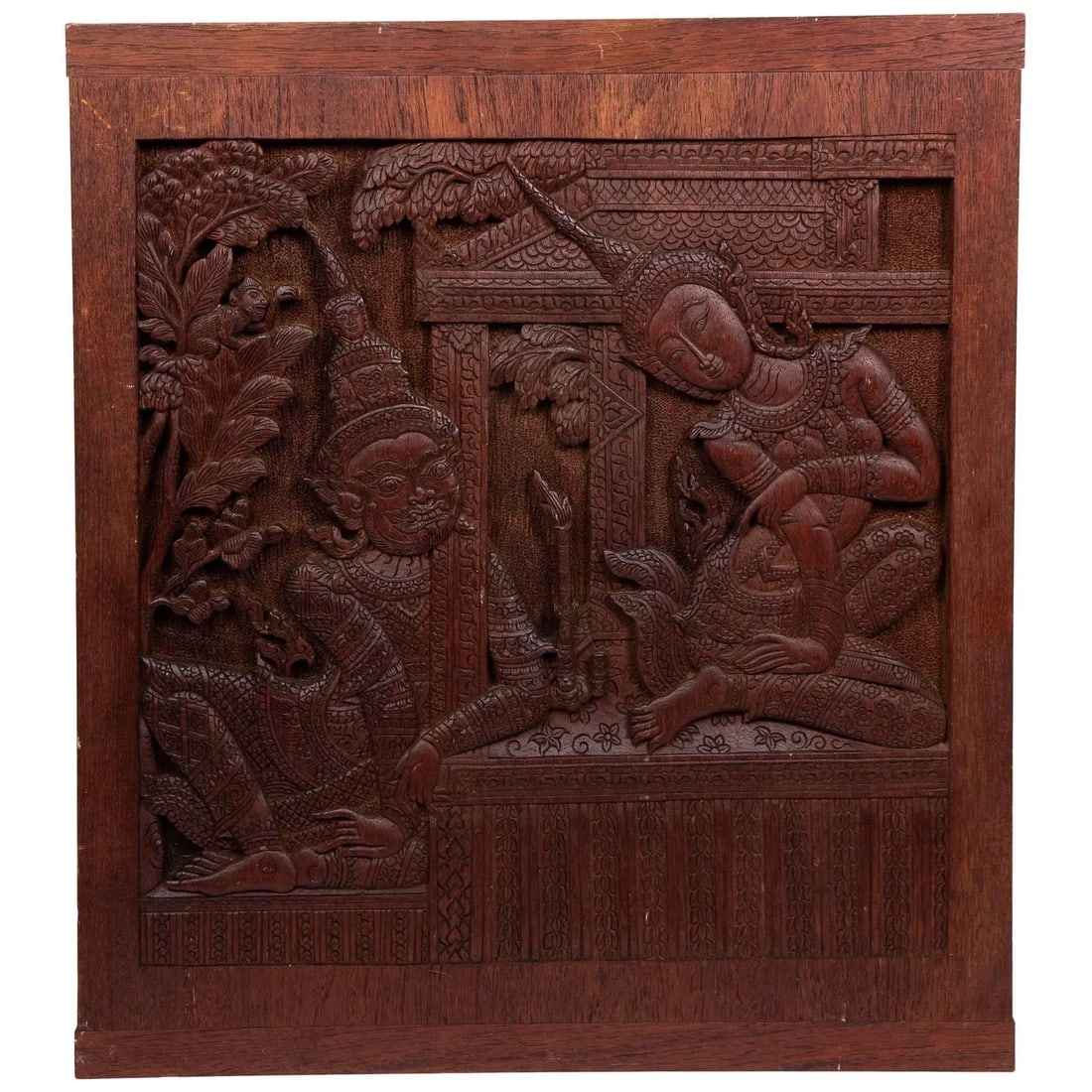 Thai Siamese Carved Teak Wood Panel of Temple Goddess - 8