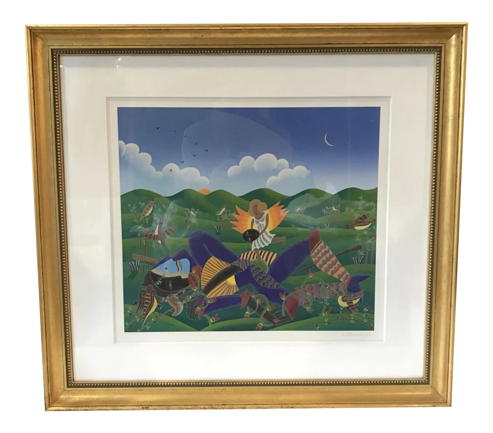 Thomas McKnight Print, Edition of 200: Vintage gold embossed serigraph by Thomas McKnight. Hand signed and numbered 52 of 200. Displayed in a custom gilded wood frame behind plexiglass. Condition: Alterations: Original Condition Unaltered