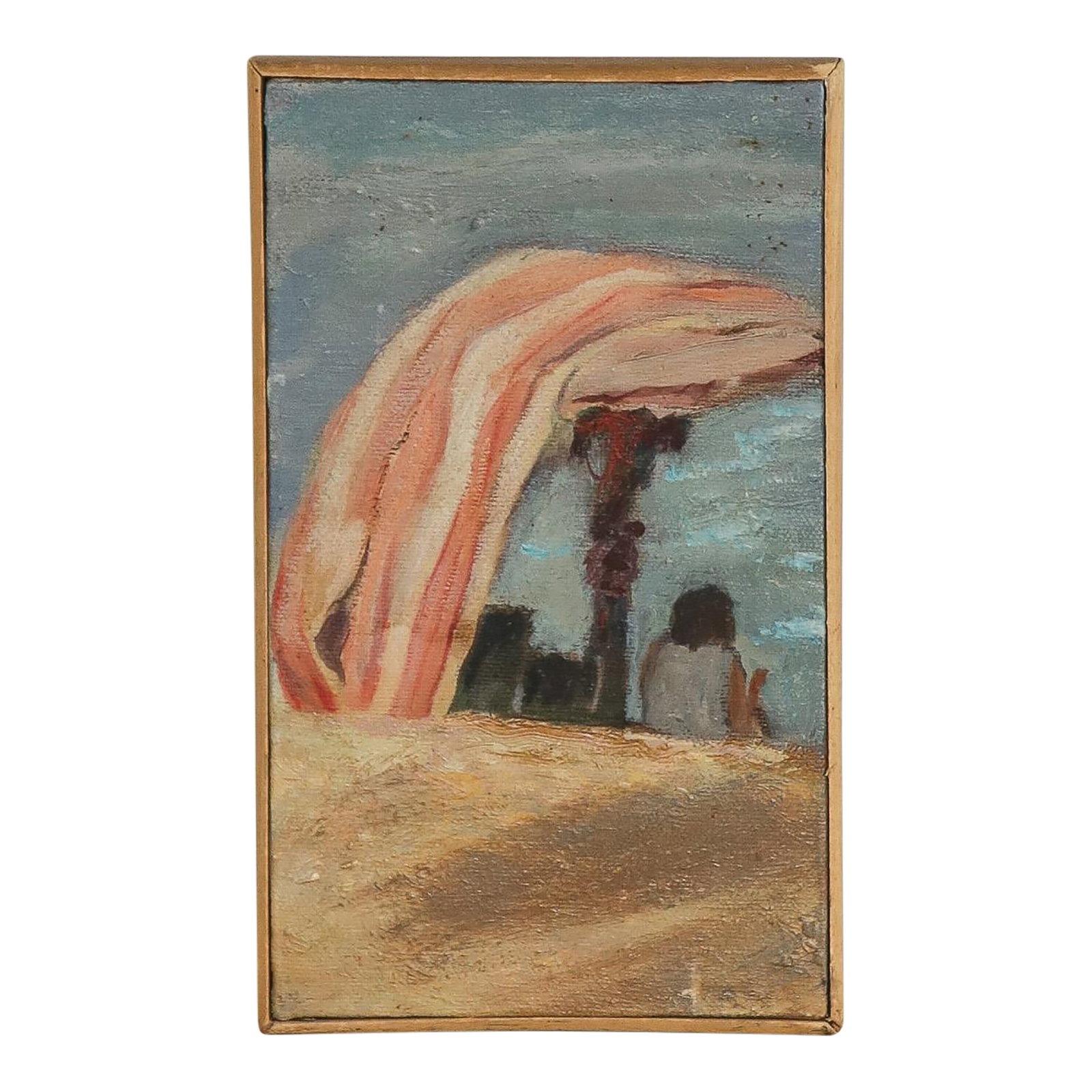 Mid 20th Century Vintage Painting of Girl by Seaside: Vintage painting of girl by the seaside with pink striped canopy. Sourced in the south of France. Condition: Alterations: Original Condition Unaltered Imperfections: Some Imperfections Condition