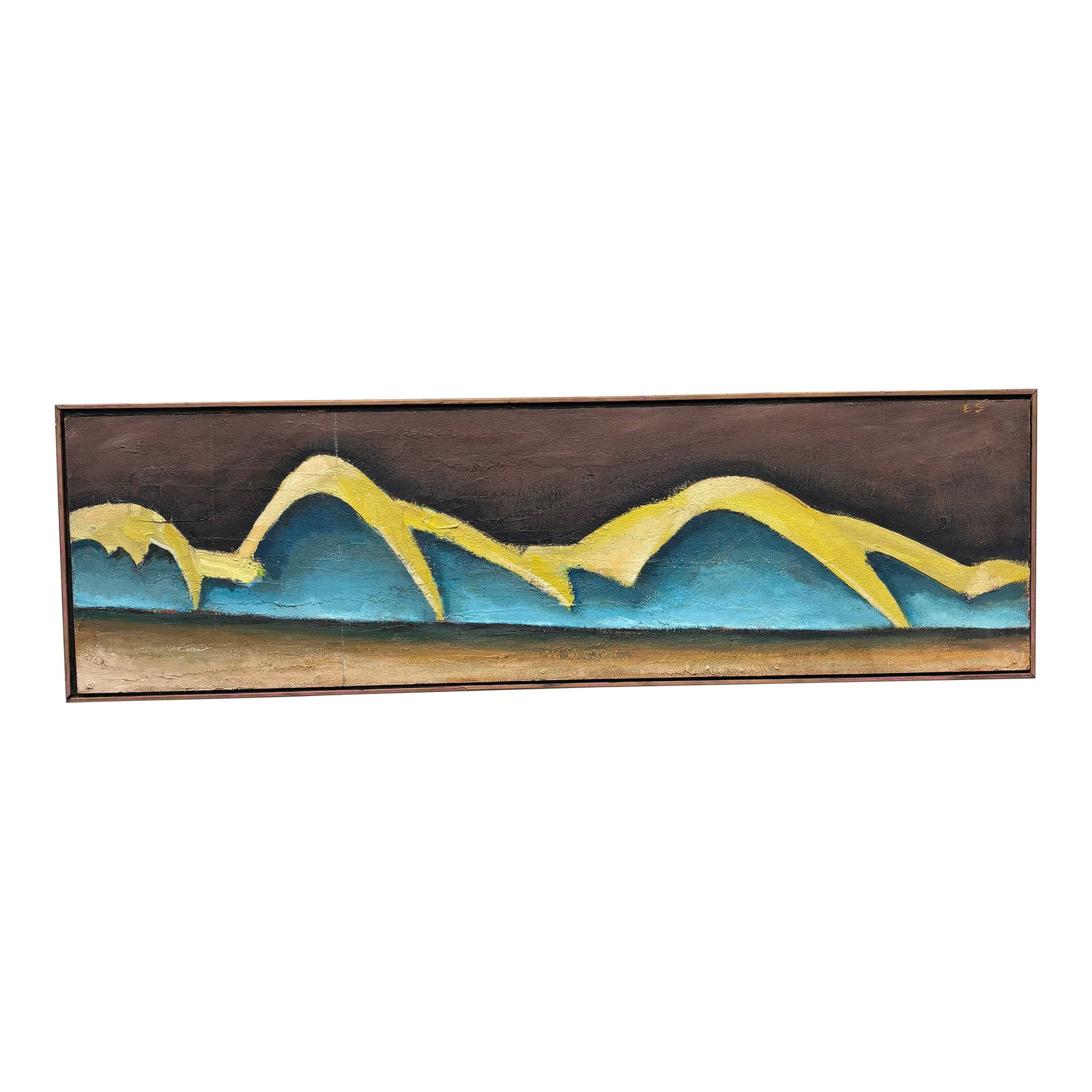 Oil on Board Modern Art Landscape, Edwin F. Shewmake, Nc 1920-2008: Abstract oil on board landscape. Visually stunning mountainscape with vibrant blue and yellow as well as small areas of red on a rich brown ground. Artist mounted in a floating brown painted frame wit