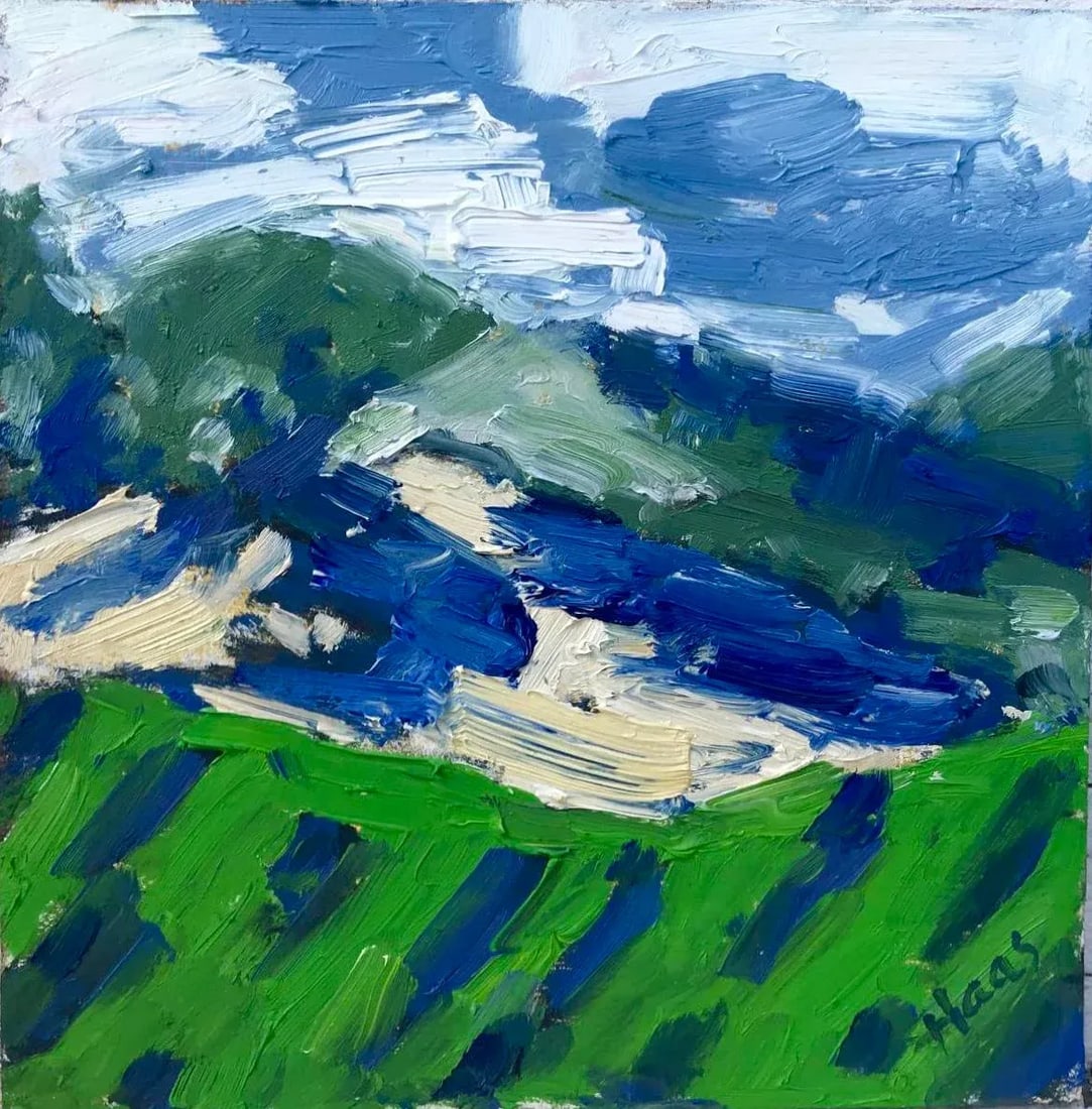 Modern Abstract Vineyard (6''*6'', Original Oil on Masonite): Quiet Places Collection - Abstract Vineyard Original oil painting on Masonite, 6 x 6 unframed, signed. Soft abstract forms and warm vineyard tones create a peaceful, inviting landscape. Unframed. Fram