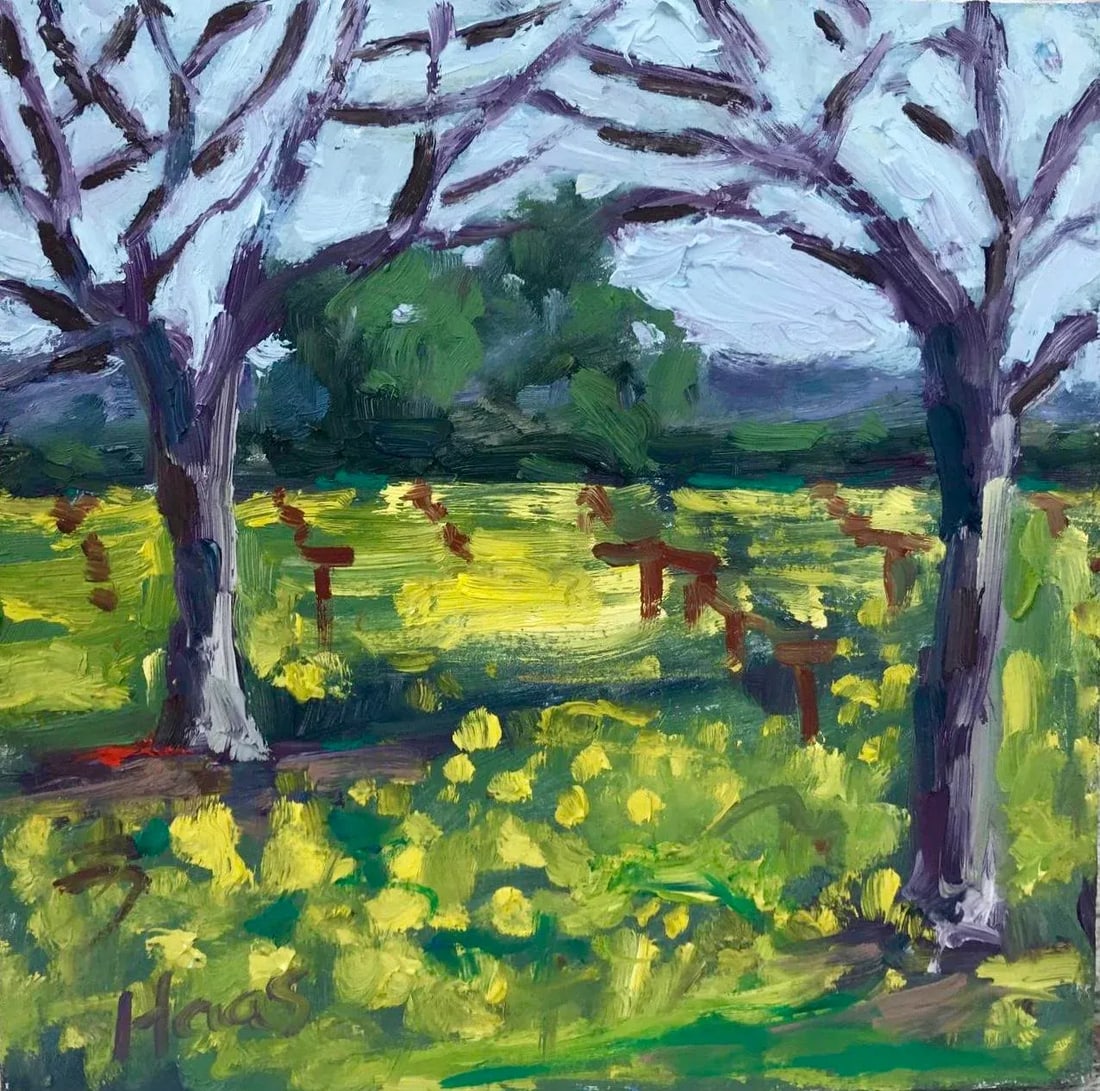 Mustard Grass, Expressionist Oil Painting Landscape: Quiet Places & Journeys - Suisun Valley Mustard Grass Original oil painting by L. Haas, 6 x 6 in unframed gessoed masonite panel, signed. A small impressionist landscape of mustard grass blooming in