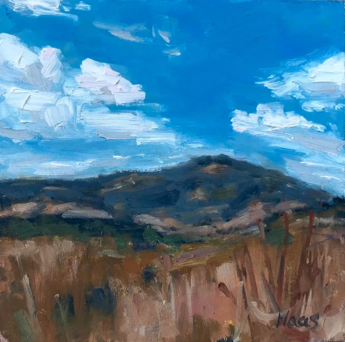 Contemporary Oil Painting, Twin Sisters Mountain: Quiet Places & Journeys - Twin Sisters Mountain, Fairfield California Original oil painting by L. Haas, 6 x 6 in unframed gessoed masonite panel, signed. A small impressionist landscape of Twin