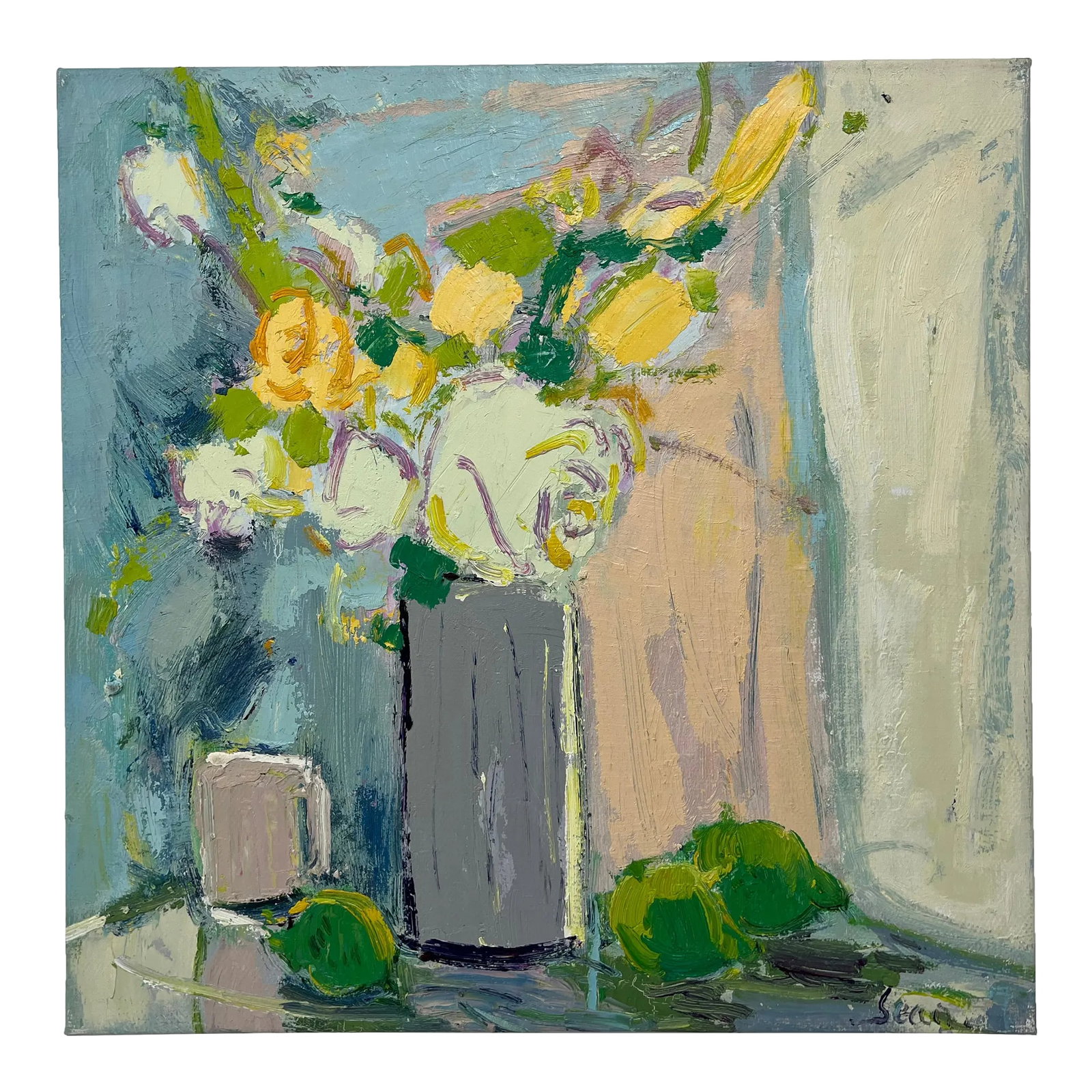Impressionistic Landscape Original Oil Painting: A soft and expressive original oil painting on canvas depicting a loose bouquet of pale yellow and cream florals arranged in a tall, cool gray vase. The composition is grounded with a neutral mug and 