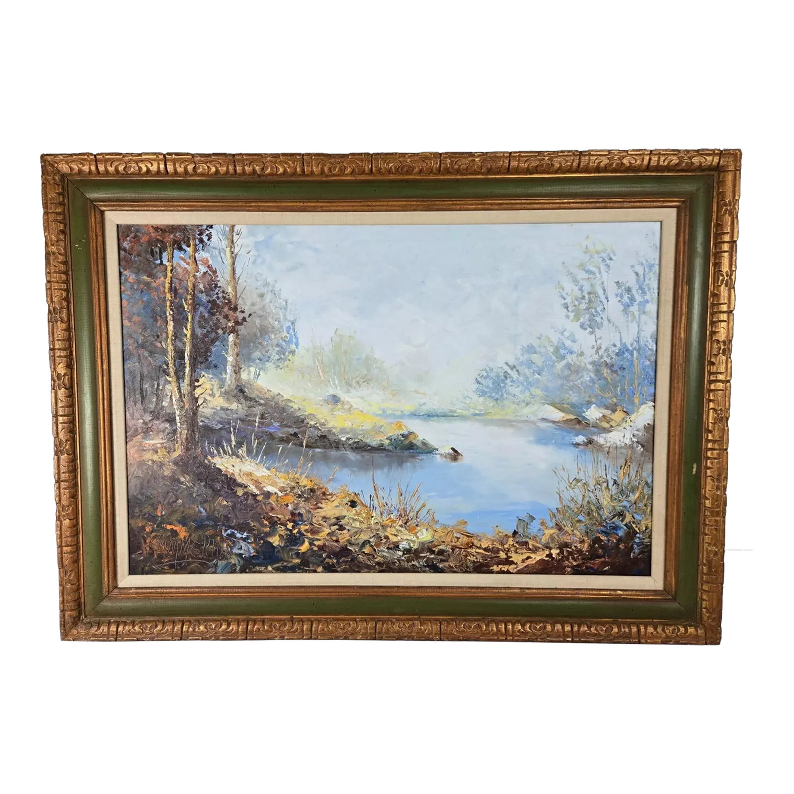 Manuel Munoz Merida, Spain Original River Landscape Oil Painting: Original painting by Spanish artist Manuel Munoz Merida, signed lower left. Large scale summer landscape with heavy impasto. Very good condition, displays quite well in original frame. Direct from a l
