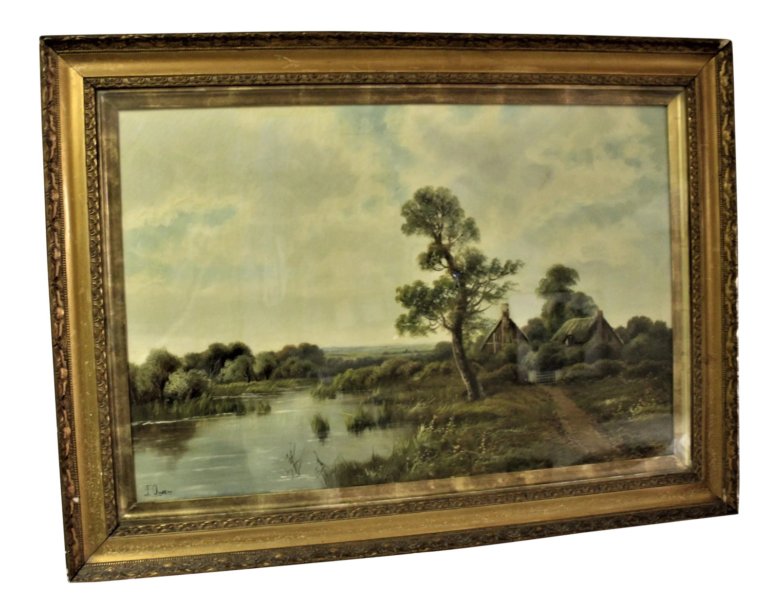 Vintage J Owen Country Cottages English Oil Painting, Framed: A good size Cottage scene in Oil . Outside London . Has artist signature in the lower L/H corner .A nice Thatched roof cottage . Believed to be the original frame . 36X26by 1 1/2" See the back side