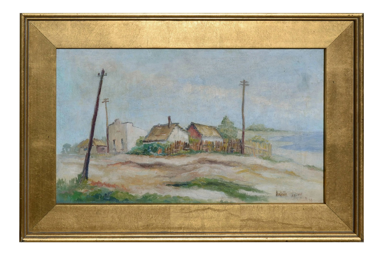 Antolin Old California Landscape Oil on Canvas 1955: Oil painting of a small California town. Painted on artist's board laid down on black foam core. Signed "Antolin" lower right. Displayed in a giltwood frame. Image, 11.5"H x 19.5"W; frame dimensions, 
