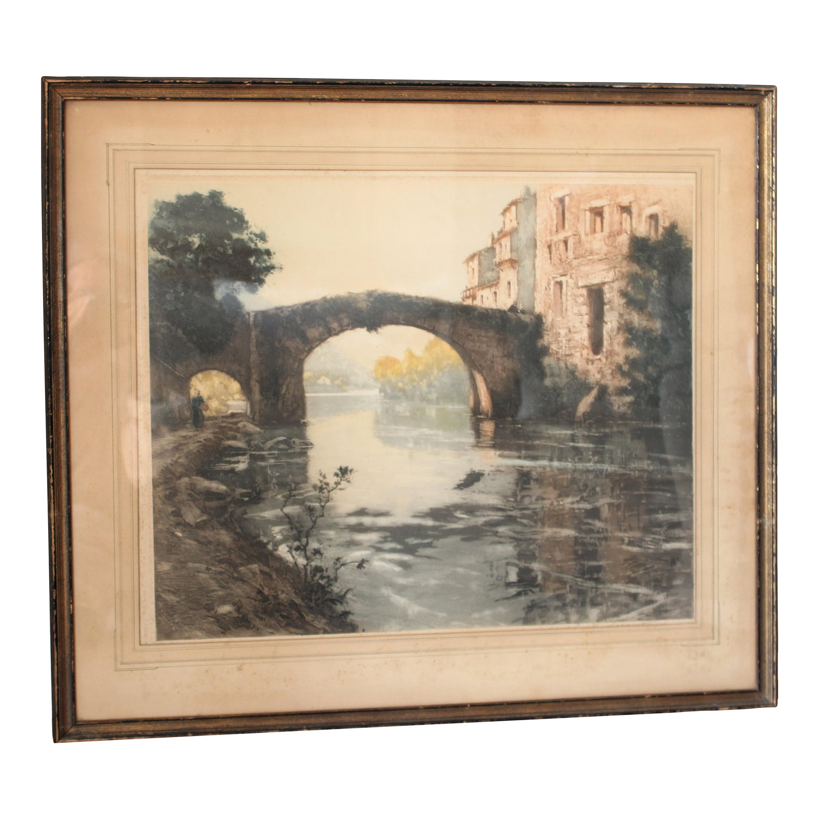 Signed Etching French Paul Emily Lecomte: A beautiful Etching depicting a bridge with water scene in France by Paul Emile Lecomte 1900-1949 Signed French Paul Emily Lecomte, presented in it's original aged gilded frame Arrives ready to hang