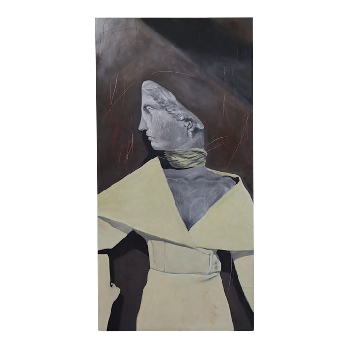 'Woman in Jacquemus' - Oil Painting by Zamarys Rivera: "Woman in Jacquemus" is an oil painting that reimagines a classical bust through the lens of contemporary fashion. Draped in a butter-yellow dress from Jacquemus' La Casa collection, the figure