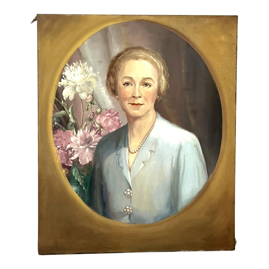 1920s Portrait of a Woman and Peonies - Oil on Canvas: This absolutely exquisite portrait came from an estate in southern Virginia. Based on the hairstyle and dress, it would seem that the painting was done in the early 1920s. The artists has beautifully