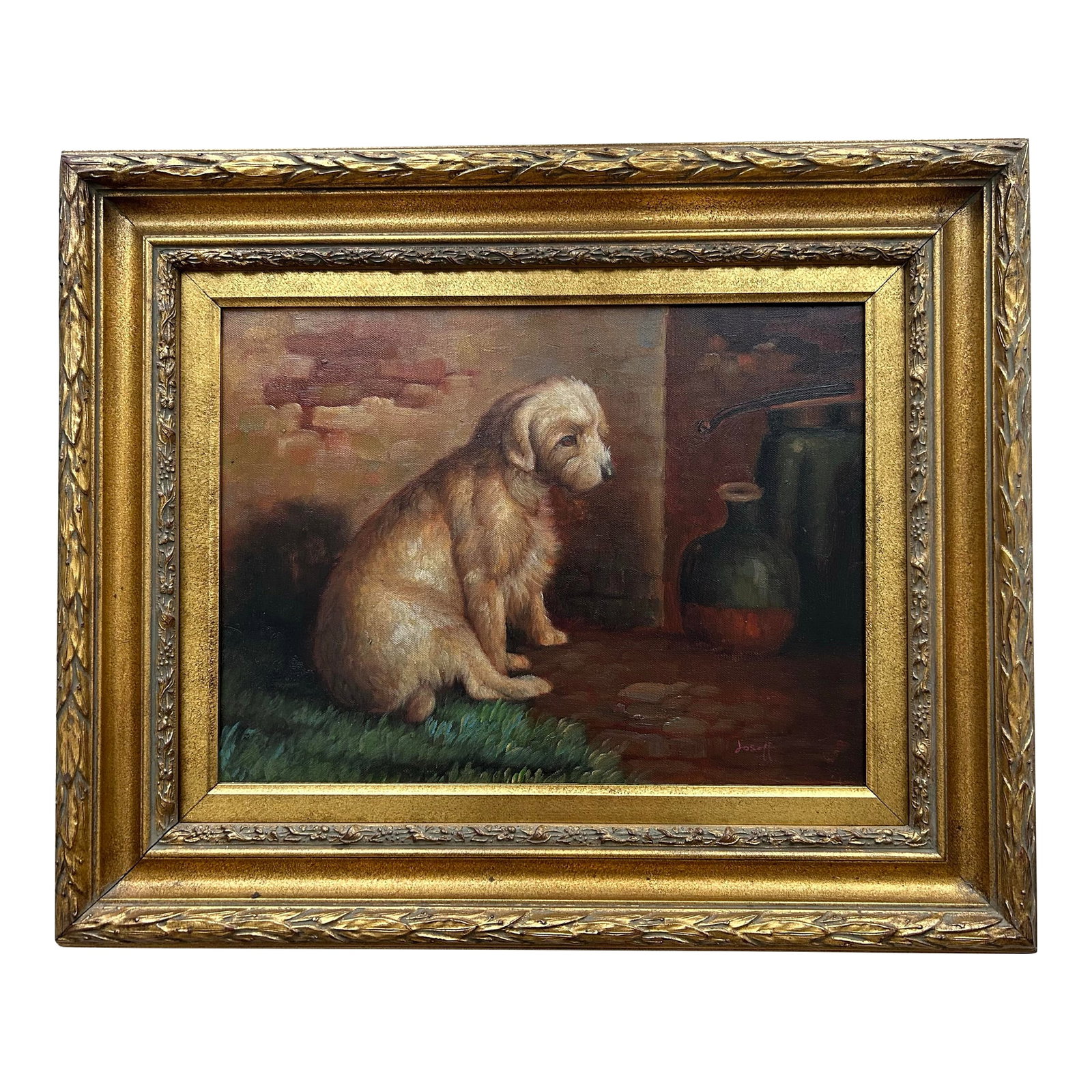 Late 20th Century Vintage Border Terrier Oil Painting Portait in Gilded Frame-Signed: Traditional dog portraiture. Vintage oil painting on canvas depicting a light-colored dog in a seated position with a fluffy coat, likely a border terrier or a similar breed, possibly a West Highland
