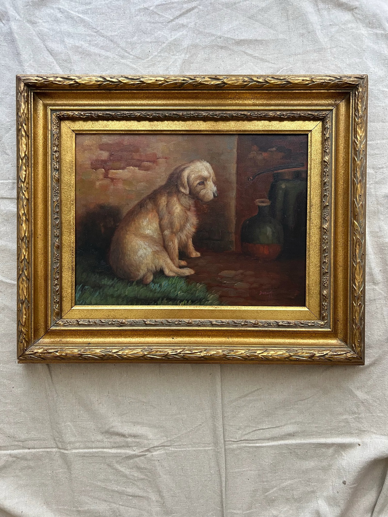 Late 20th Century Vintage Border Terrier Oil Painting Portait in Gilded Frame-Signed - 7