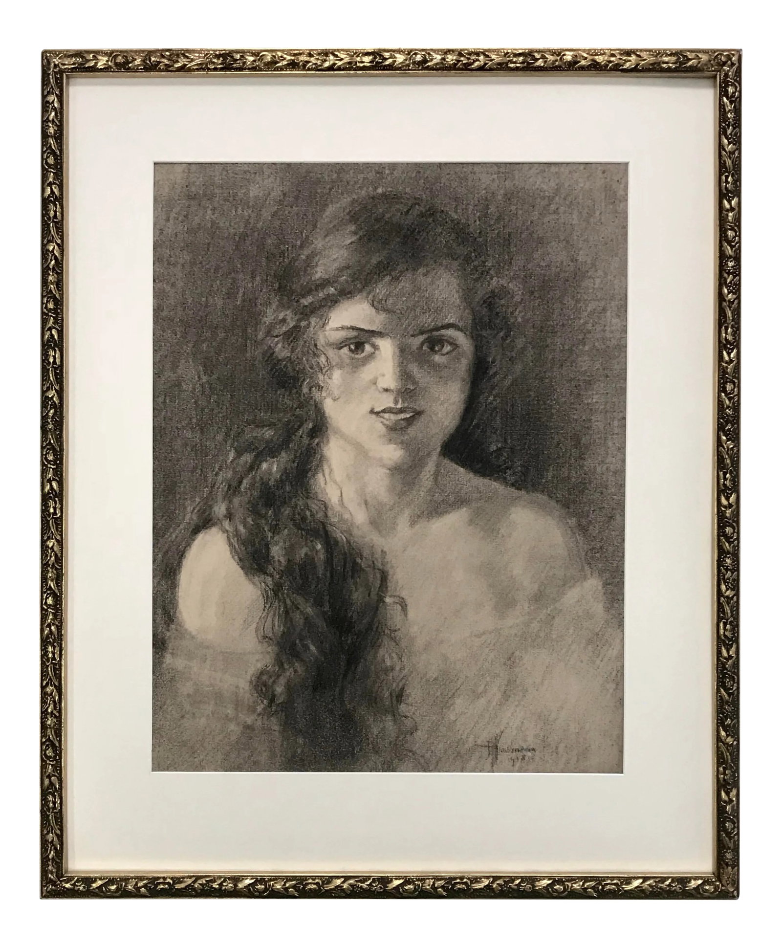 Antique Large Original Art Nouveau Drawing Portrait of a Woman 1913: Antique large original Art Nouveau drawing a portrait of a beautiful woman signed indistinctly and dated 1913 . Presented matted and framed in a quality gallery art nouveau style frame.. .. . . Condit