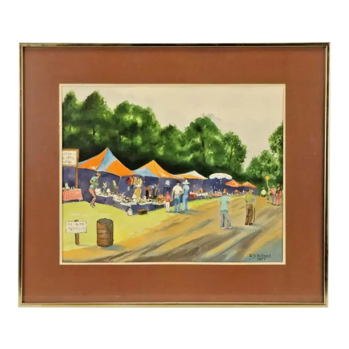 Vintage Watercolor Painting "Canton Flea Market" 1977, Framed: An afternoon flea market is the Americana scene in this 1977 framed watercolor painting by Louisiana artist Roger H. Williams. Entitled "Canton Flea Market," this warm piece of retro art offers a