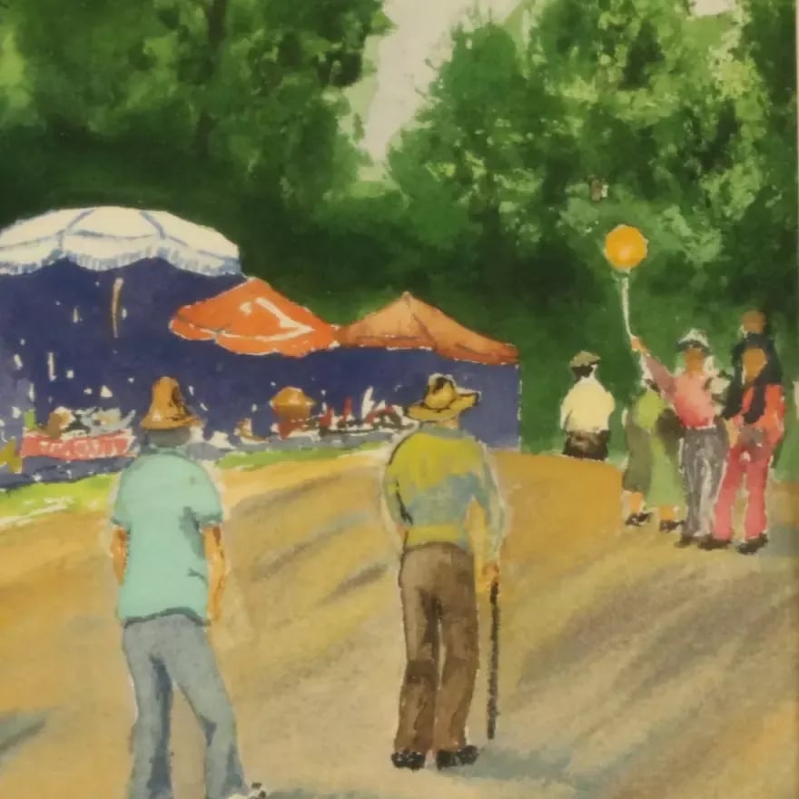 Vintage Watercolor Painting "Canton Flea Market" 1977, Framed - 2