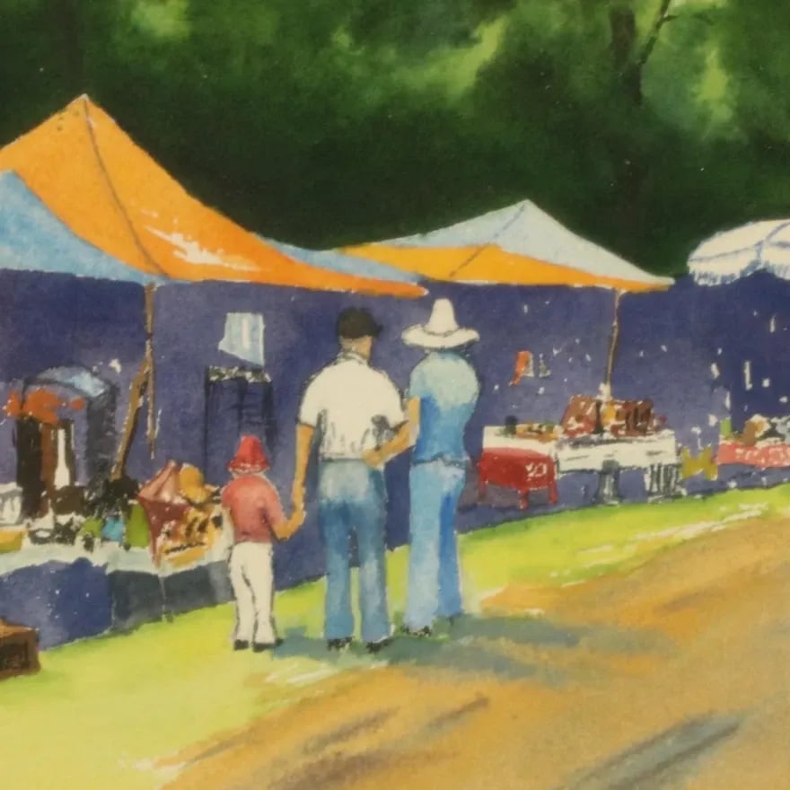 Vintage Watercolor Painting "Canton Flea Market" 1977, Framed - 3