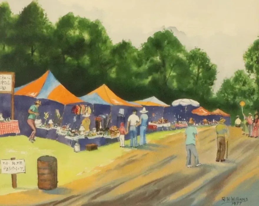 Vintage Watercolor Painting "Canton Flea Market" 1977, Framed - 4