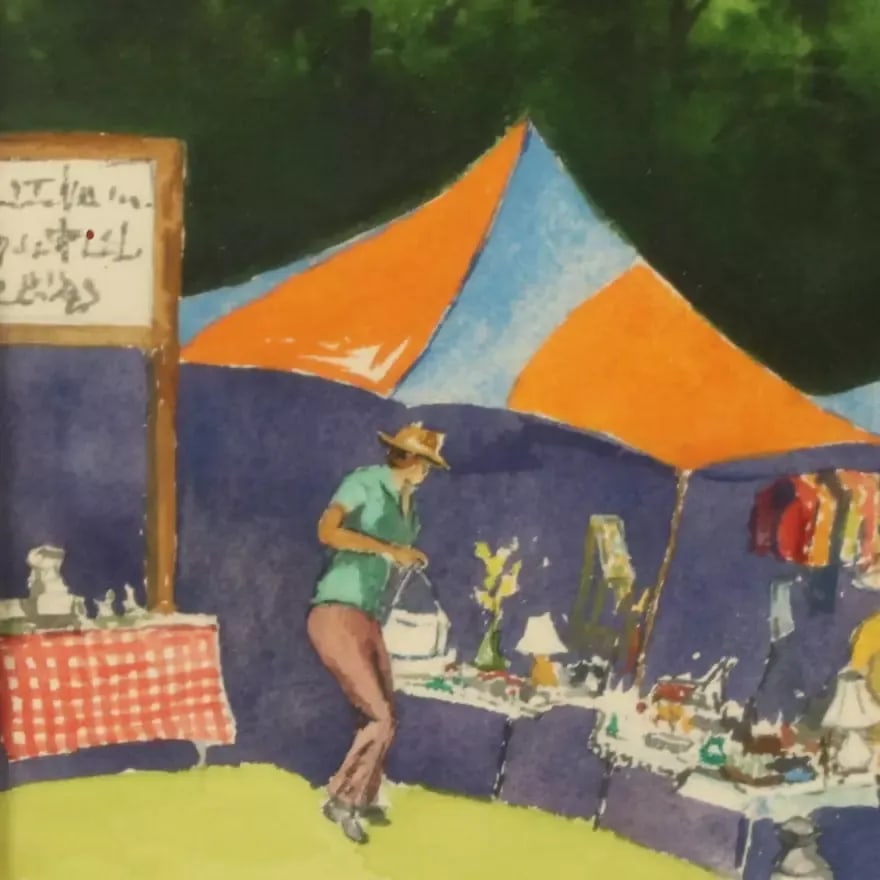 Vintage Watercolor Painting "Canton Flea Market" 1977, Framed - 6