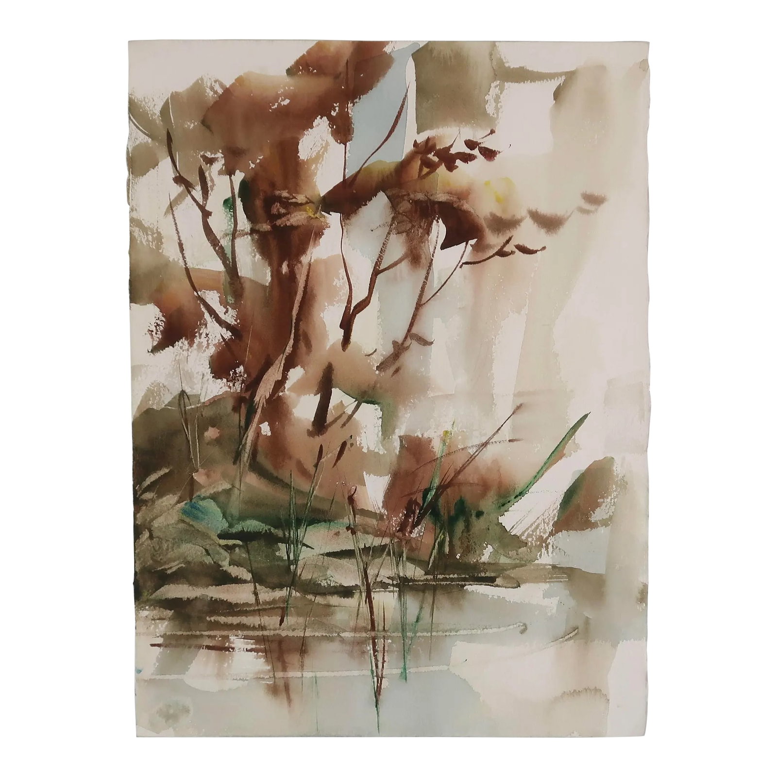 Late 20th Century Unsigned Original Fine Art Abstract Landscape Watercolor Painting on Paper of Tall: This original watercolor painting presents a layered natural study where gestural brushwork and fluid washes intersect with moments of linear precision. The composition is built upon vertical and