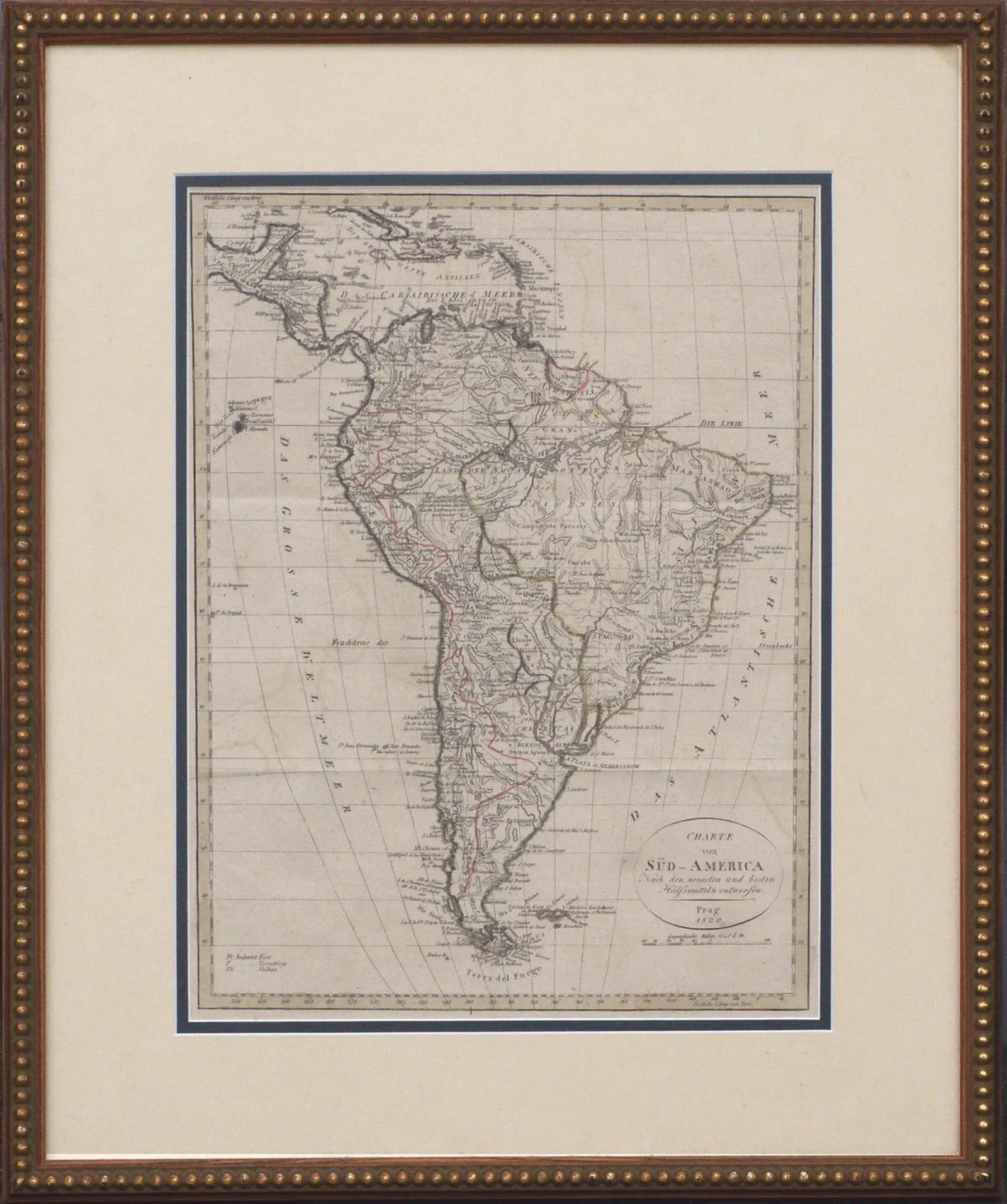 Franz Pluth Charte von Sud-America (Map of South America) - Etching with Hand-Drawn Outlines 1820: Map of south America, engraved by Franz Pluth (Czech, 1800-1871), from the book "Neueste Lander - und Volkerkunde, ein geographisches Lesebuch fur alle Stande" by Linder, F. L. (Prague) 1820. Catalog