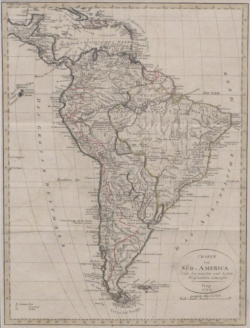 Franz Pluth Charte von Sud-America (Map of South America) - Etching with Hand-Drawn Outlines 1820 - 2