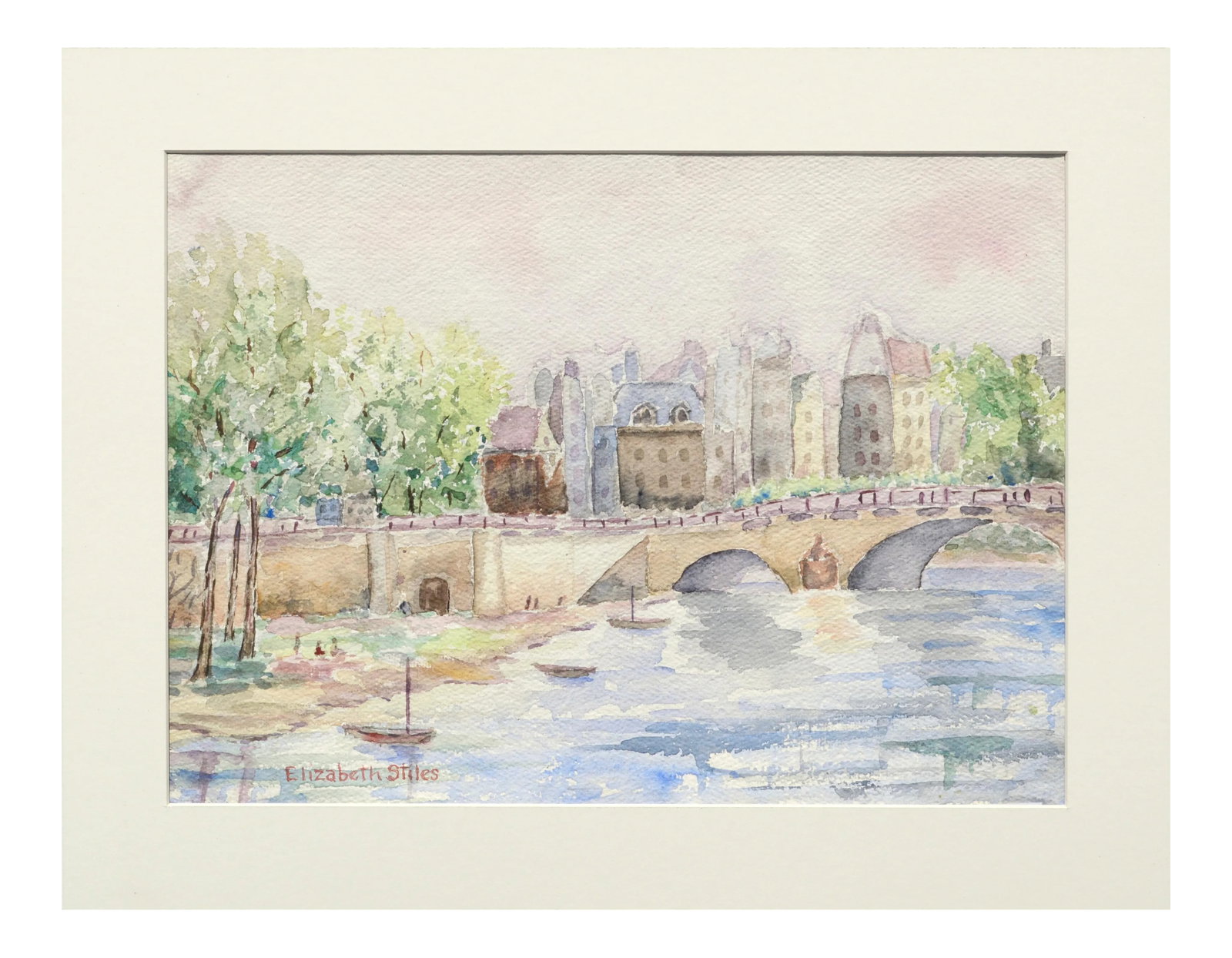Elizabeth Stiles "Bridge over the Canal" Contemporary Watercolor Landscape Late 20th Century: Detailed watercolor by Elizabeth Stiles (20th Century). Signed "Elizabeth Stiles" in the lower left corner. Presented in a new antuque white mat. No frame. Image size: 11"H x 15.25"W Condition: