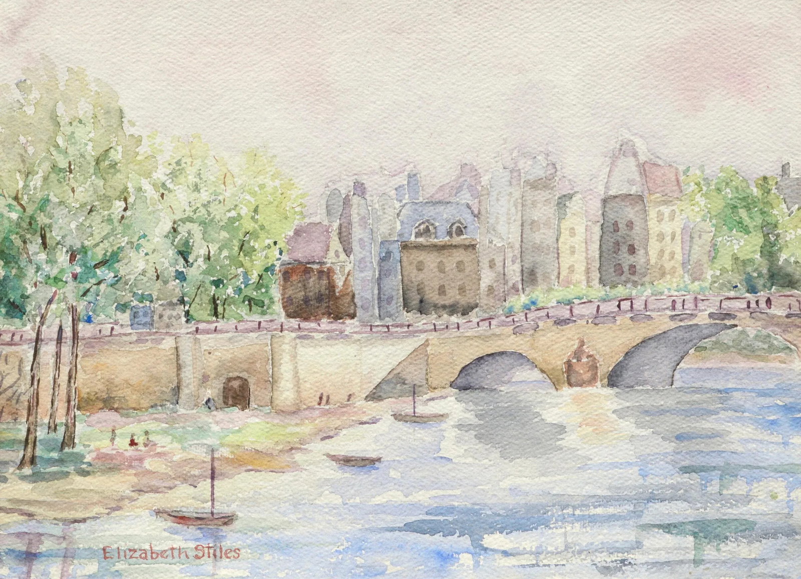 Elizabeth Stiles "Bridge over the Canal" Contemporary Watercolor Landscape Late 20th Century - 2