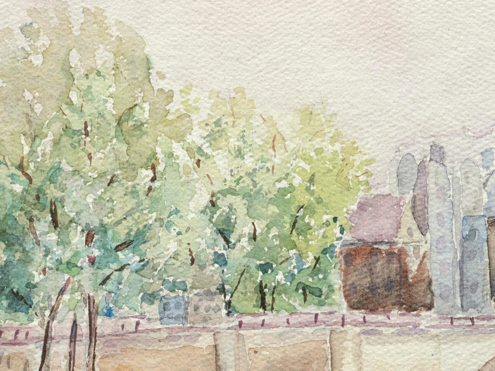 Elizabeth Stiles "Bridge over the Canal" Contemporary Watercolor Landscape Late 20th Century - 3