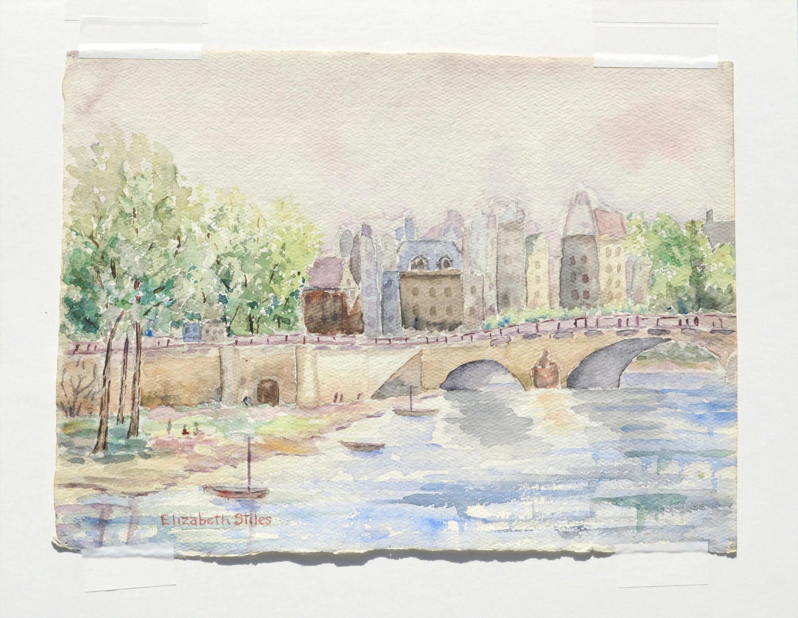 Elizabeth Stiles "Bridge over the Canal" Contemporary Watercolor Landscape Late 20th Century - 7