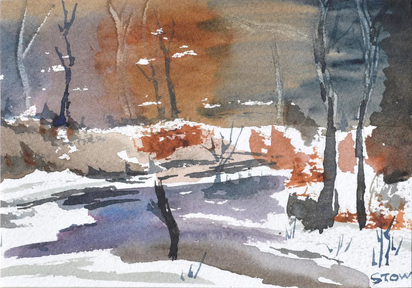 Maryann Stow Frozen Pond Watercolor Landscape circa 1980 - 2