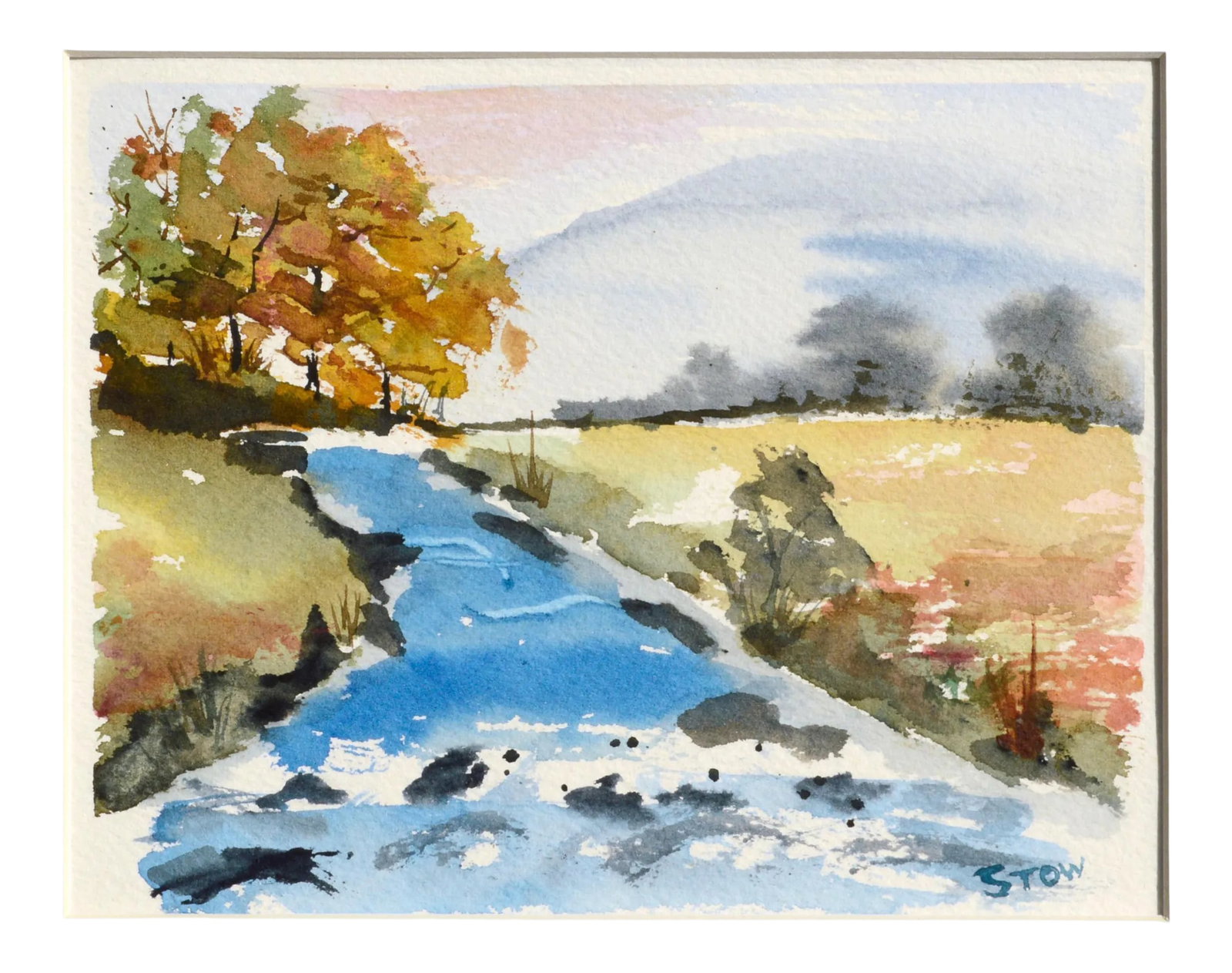 Stow Stream in Autumn Watercolor Landscape 1980s (1 of 7)