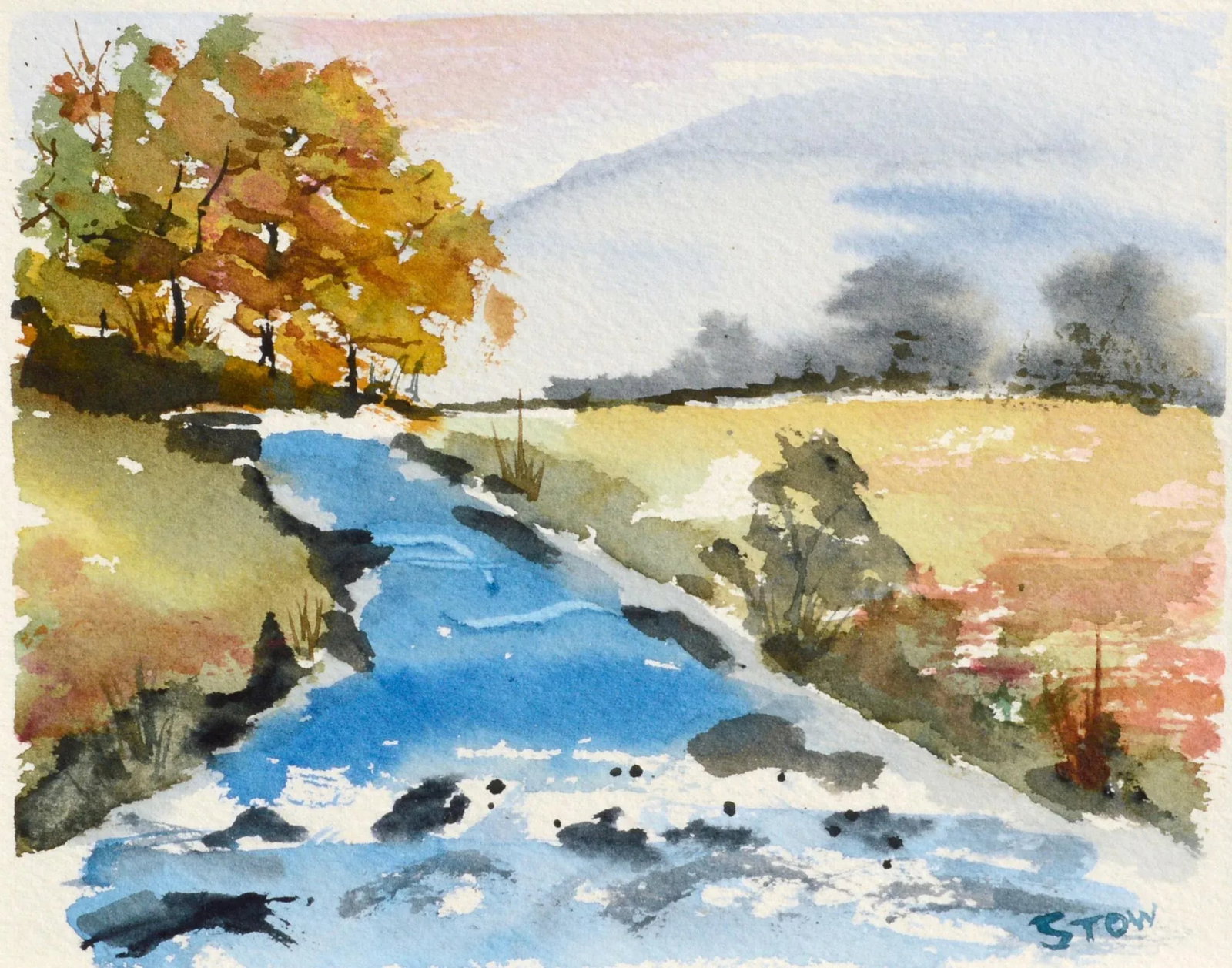 Stow Stream in Autumn Watercolor Landscape 1980s - 2