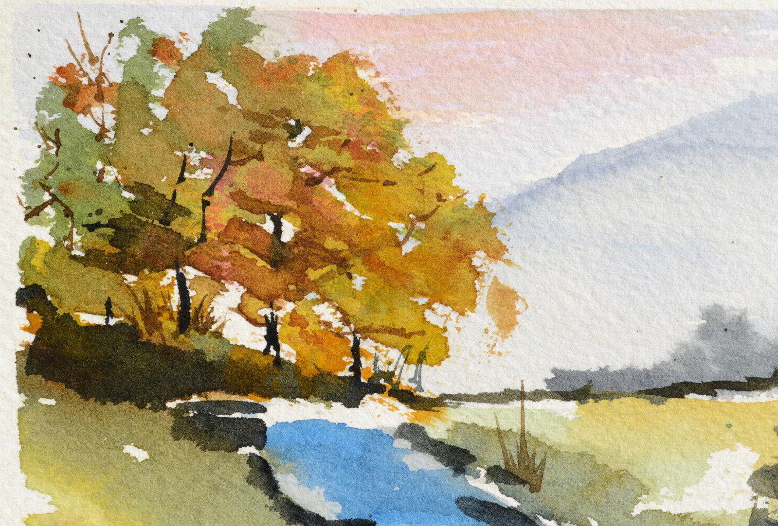 Stow Stream in Autumn Watercolor Landscape 1980s - 3