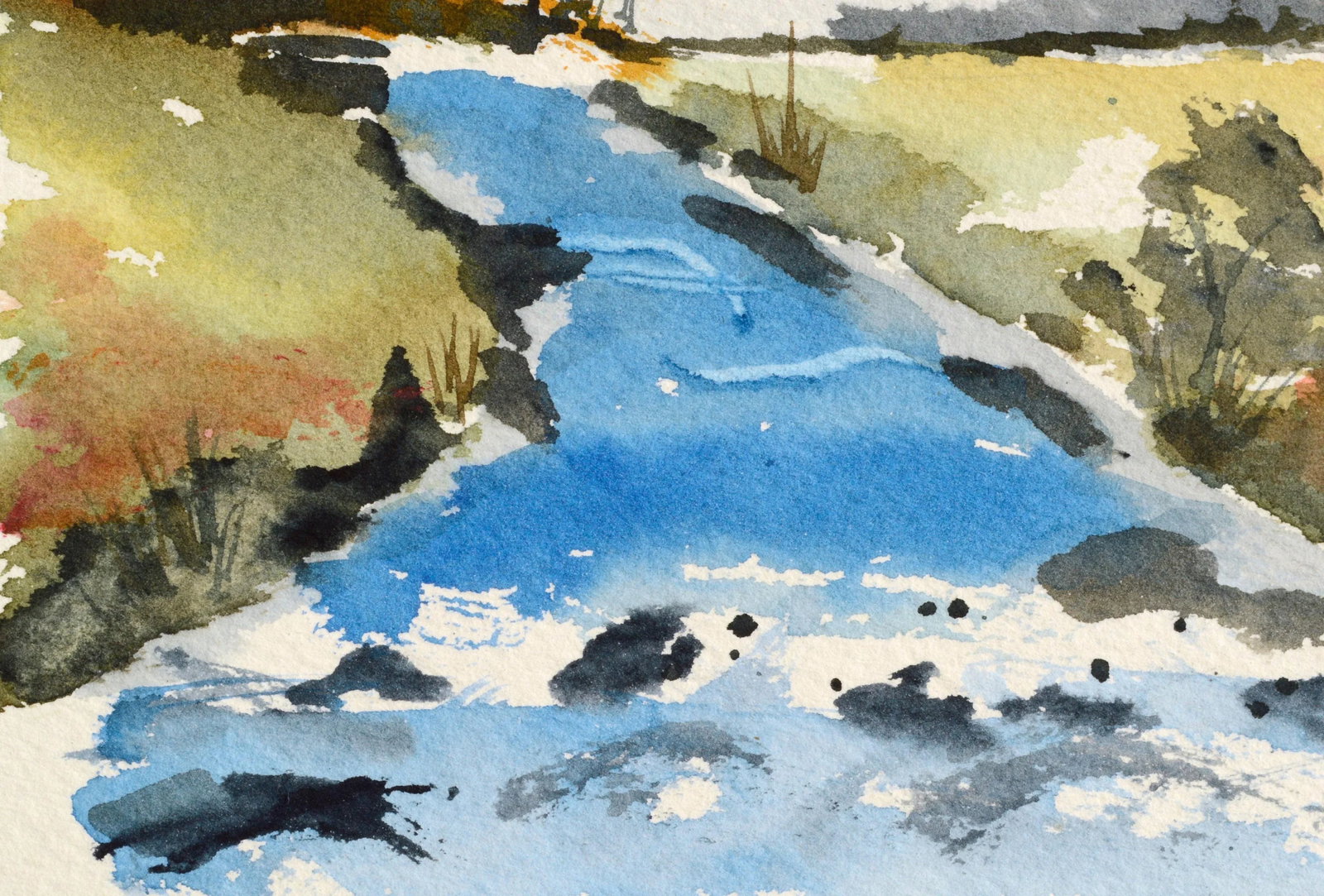 Stow Stream in Autumn Watercolor Landscape 1980s - 5