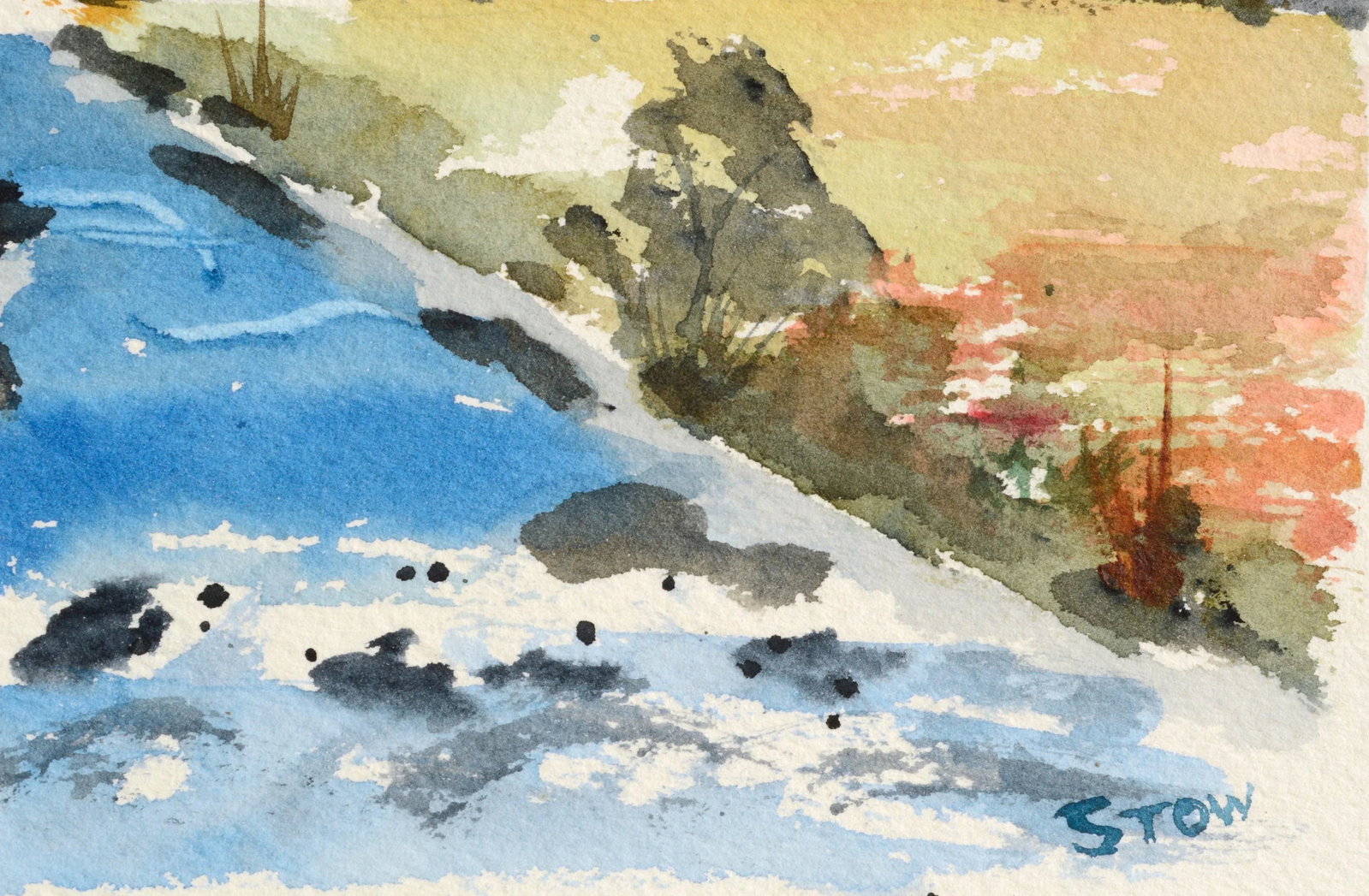 Stow Stream in Autumn Watercolor Landscape 1980s - 6