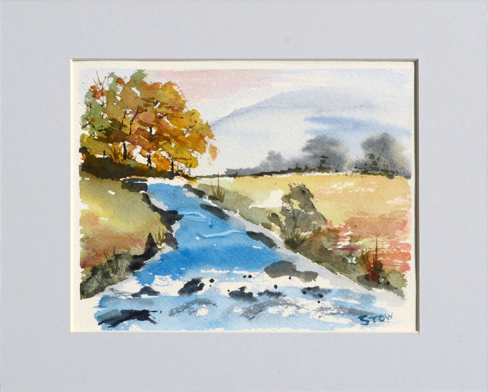 Stow Stream in Autumn Watercolor Landscape 1980s - 7