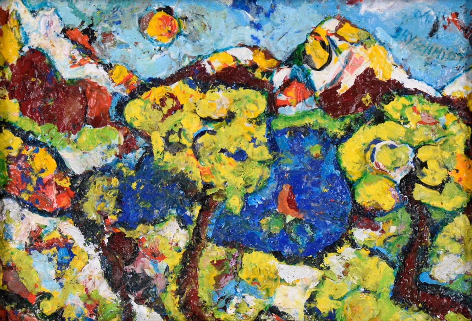 Fauvist Landscape With Lake and Mountains in Oil on Paper - 2